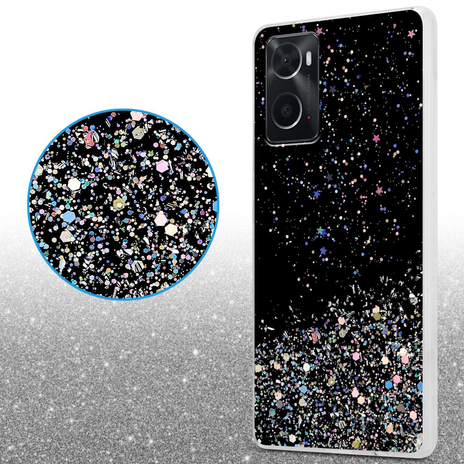 Custodia per telefono nera con design glitterato. Un primo piano dei glitter e dei dettagli della custodia a sinistra.