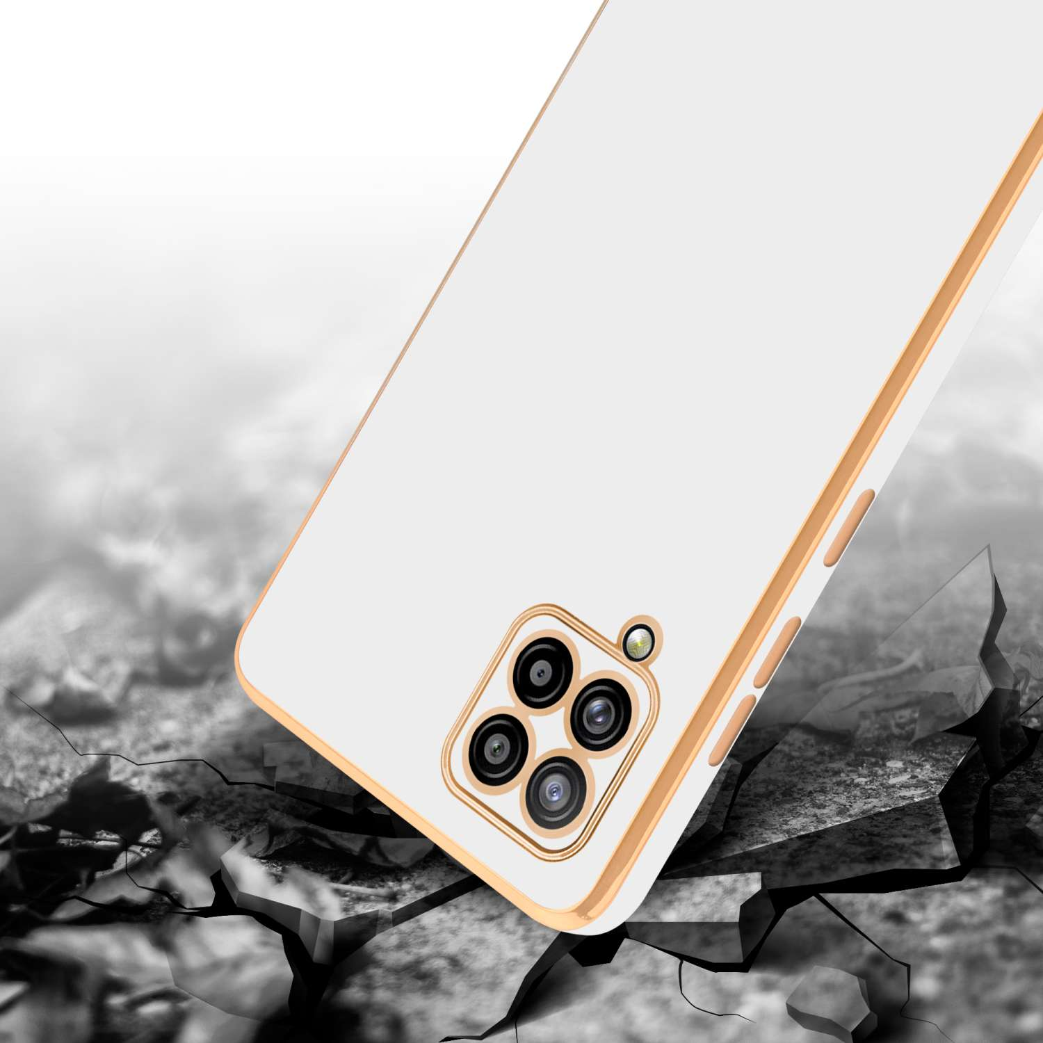Una custodia per telefono bianca con finiture dorate su una superficie incrinata. Lo sfondo è bianco.