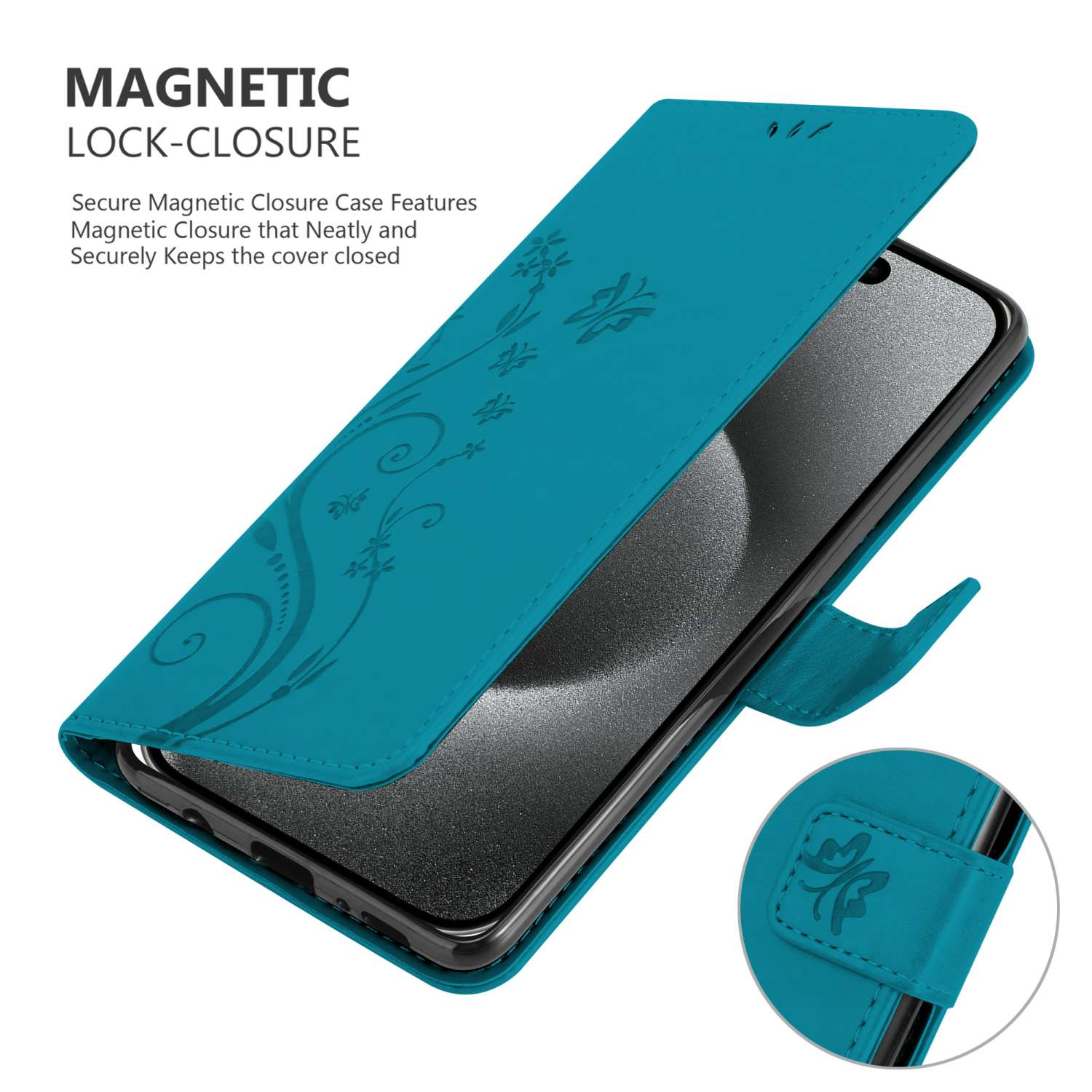 Una custodia turchese per telefono con un design floreale, aperta. Lo schermo è visibile.