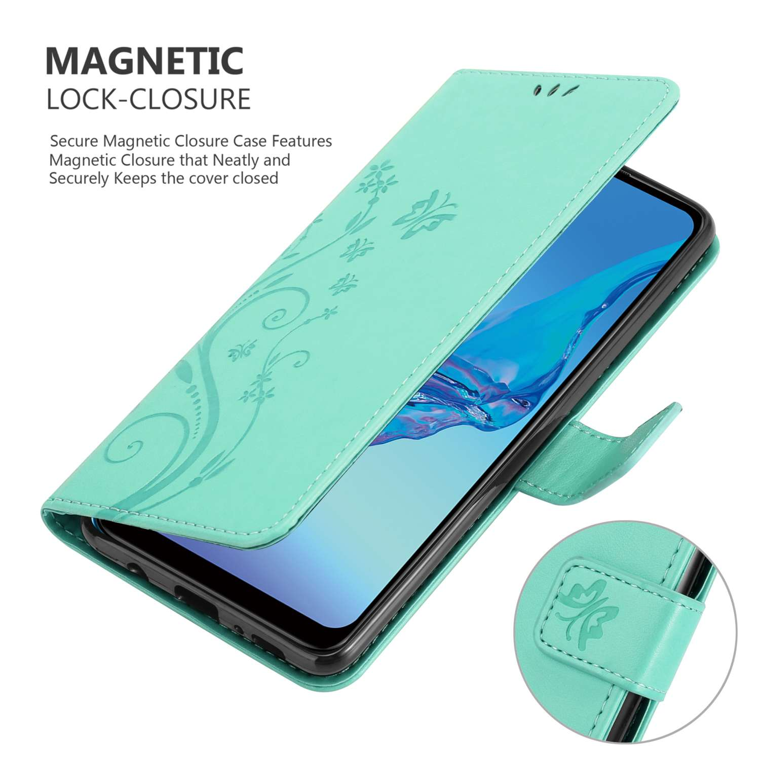 Custodia per telefono turchese con chiusura magnetica. Design floreale sulla cover anteriore.