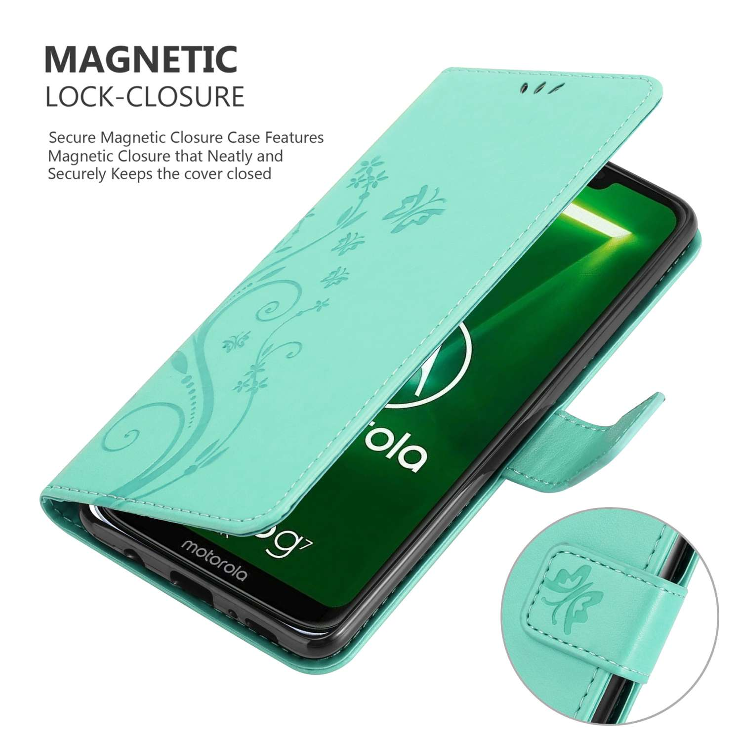 Una custodia per telefono verde acqua con un design floreale è aperta, rivelando un telefono. La custodia ha una chiusura magnetica.