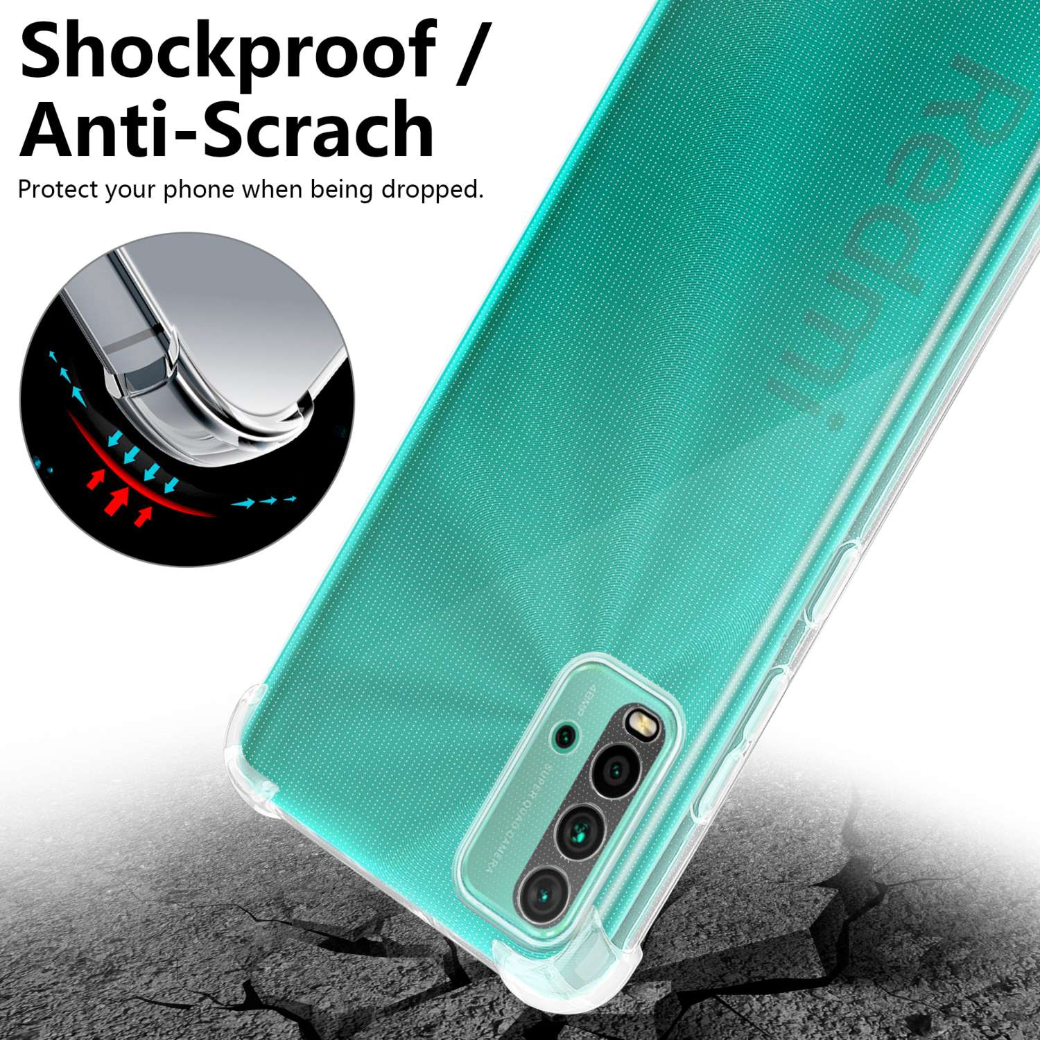 Funda de teléfono verde. El texto destaca a prueba de golpes y antiarañazos. El teléfono está en suelo rocoso.