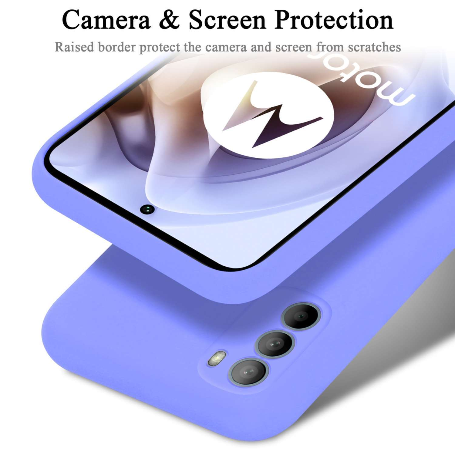 Eine lila Handyhülle mit einem Telefon und einer Kamera mit dem Text Camera & Screen Protection.