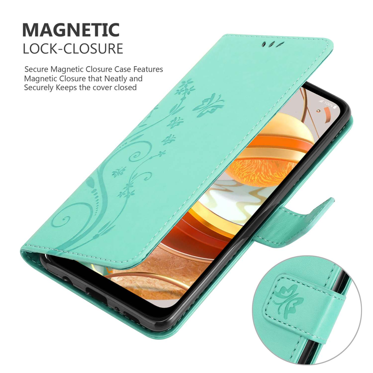 Custodia per telefono turchese aperta, che mostra un telefono e un design floreale all'interno.