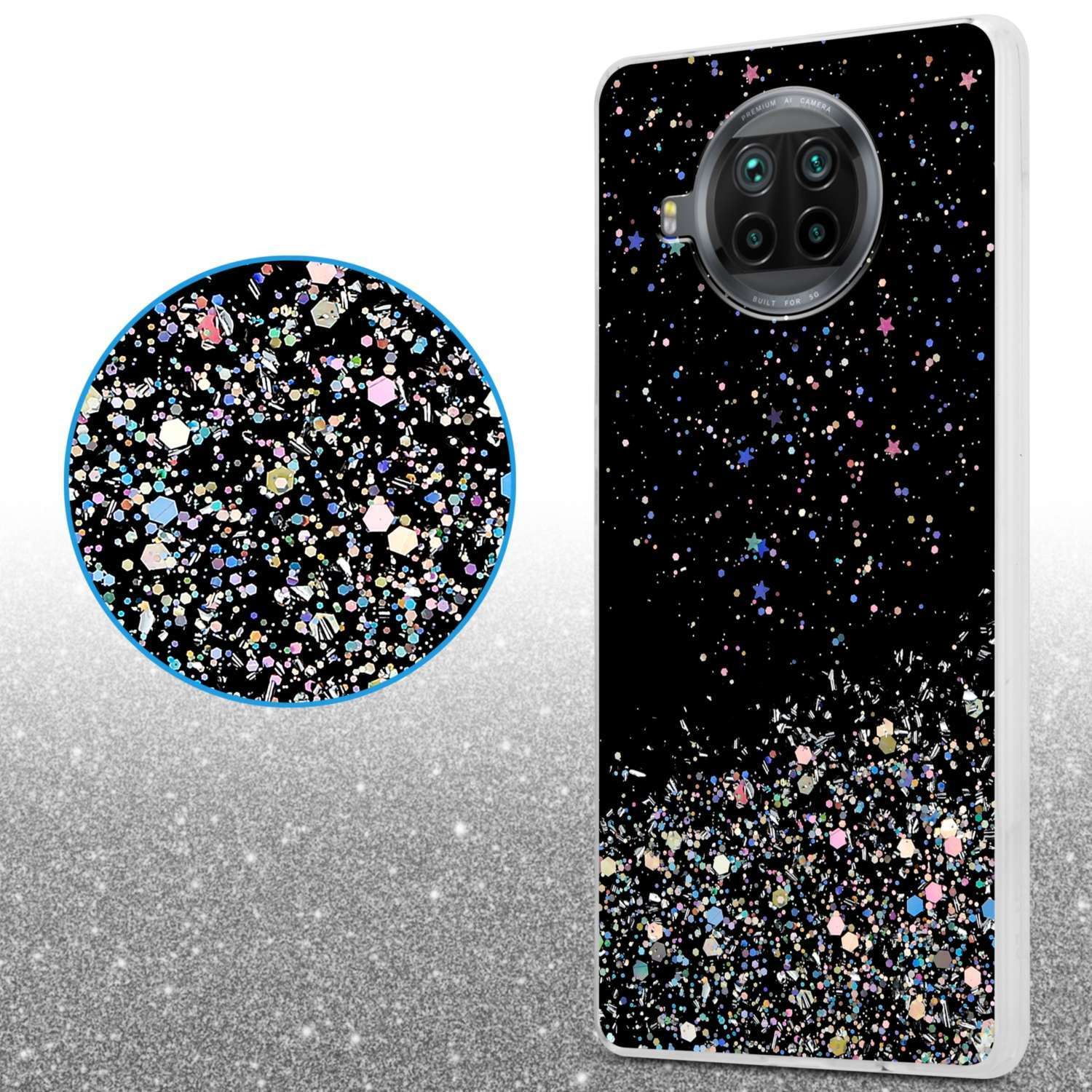 Eine Handyhülle mit glitzerndem Glitzerdesign wird gezeigt, mit einer Nahaufnahme des Glitzers und der Kamera des Telefons.