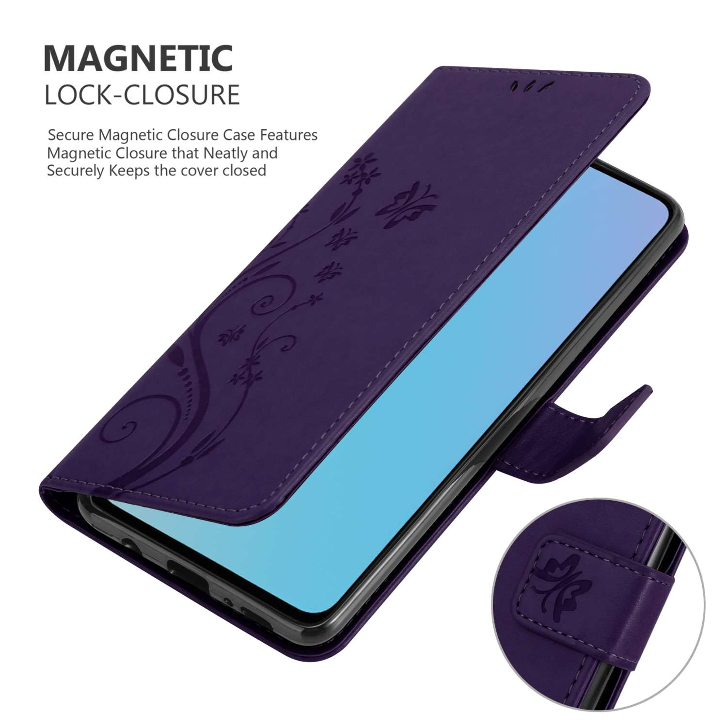 Una custodia per telefono viola aperta, che mostra un telefono. Il design è di fiori. Il testo recita, Chiusura magnetica.