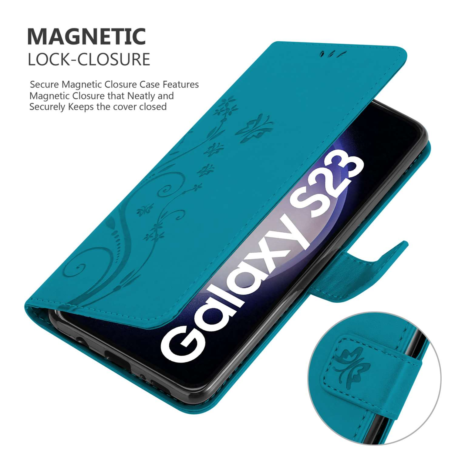 Una custodia per telefono verde acqua aperta, mostra un telefono. Mostra 'Galaxy S23'.