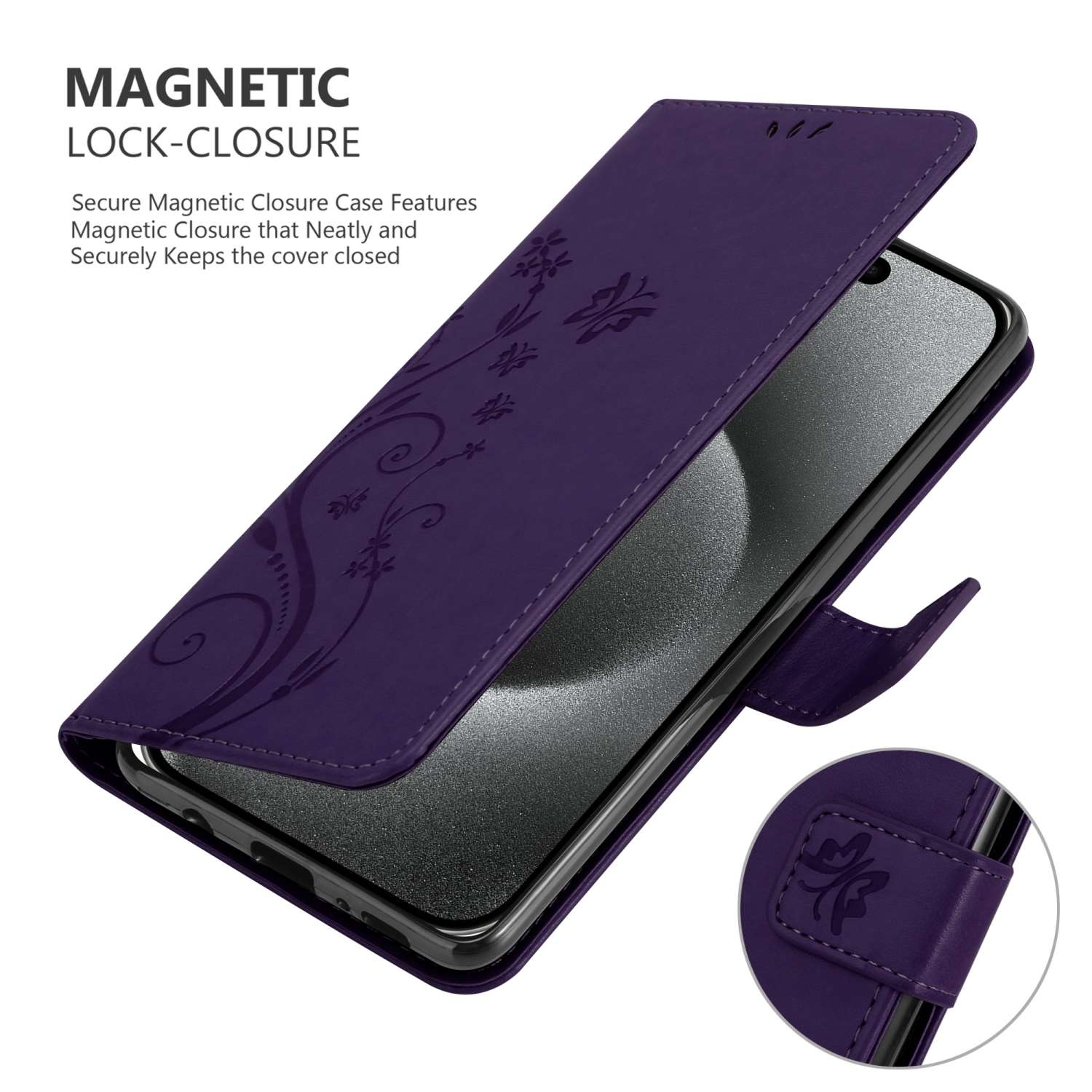 Portafoglio per telefono viola, aperto, con un design floreale e un telefono all'interno. È presente la chiusura magnetica.