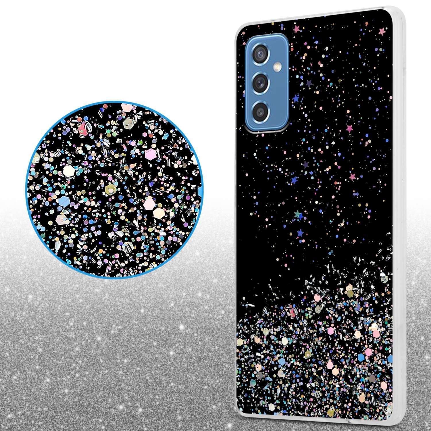 Custodia per telefono con sfondo nero e forme simili a glitter. Un cerchio ingrandito mostra i dettagli.