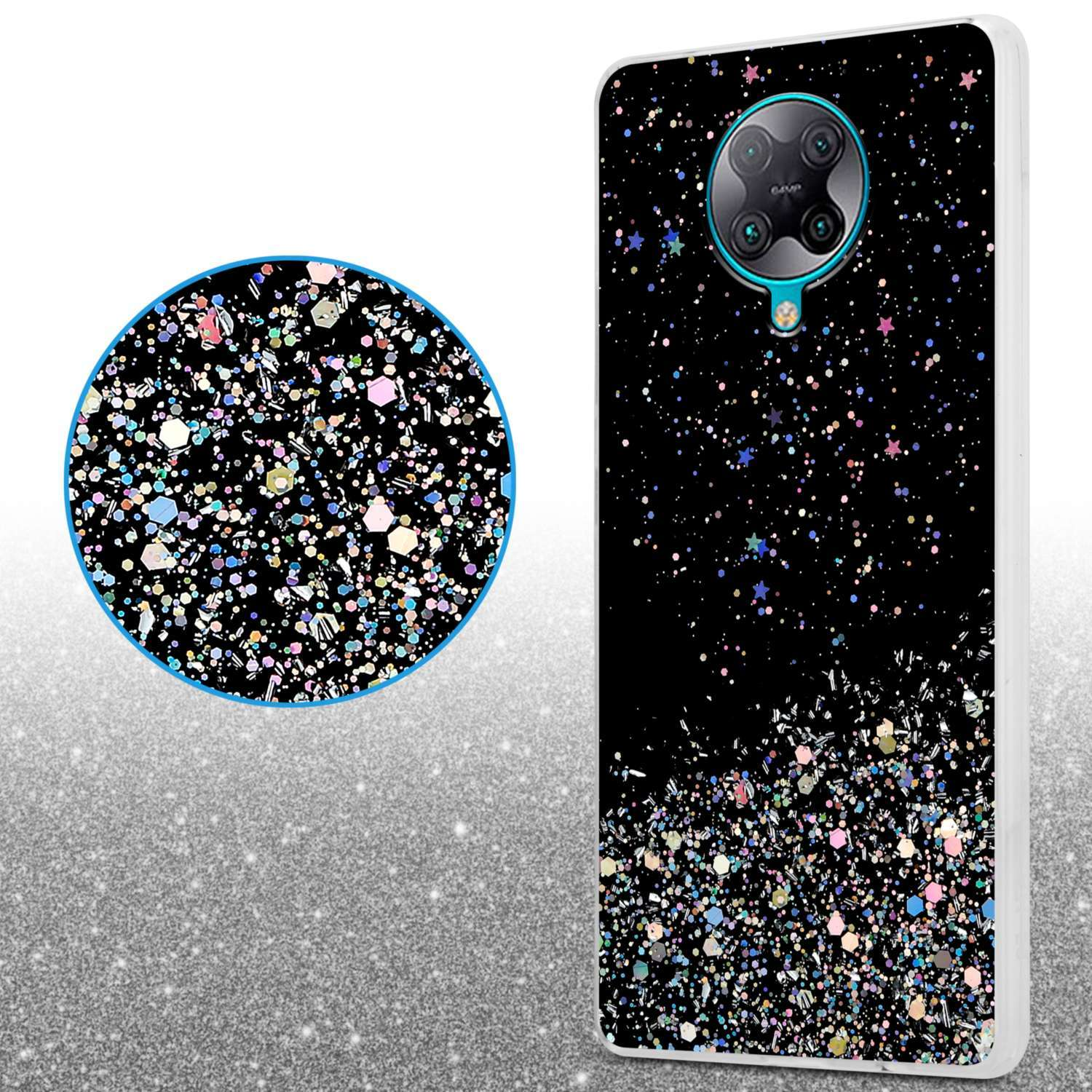 Custodia per telefono con sfondo nero e glitter colorati. Un dettaglio circolare. Bordo bianco.