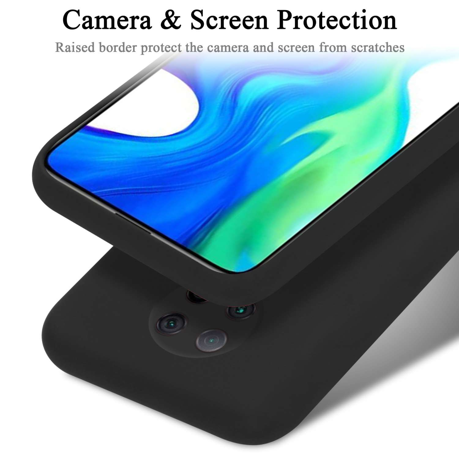 Una funda de teléfono negra con un borde elevado que protege la cámara y la pantalla.