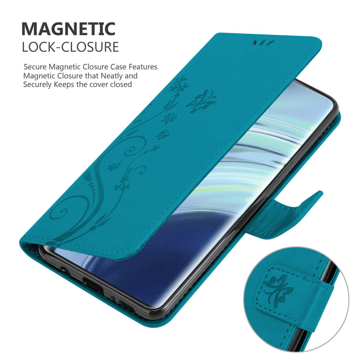 Custodia teal, aperta, che mostra il telefono. Testo: 'CHIUSURA MAGNETICA', con dettagli floreali.