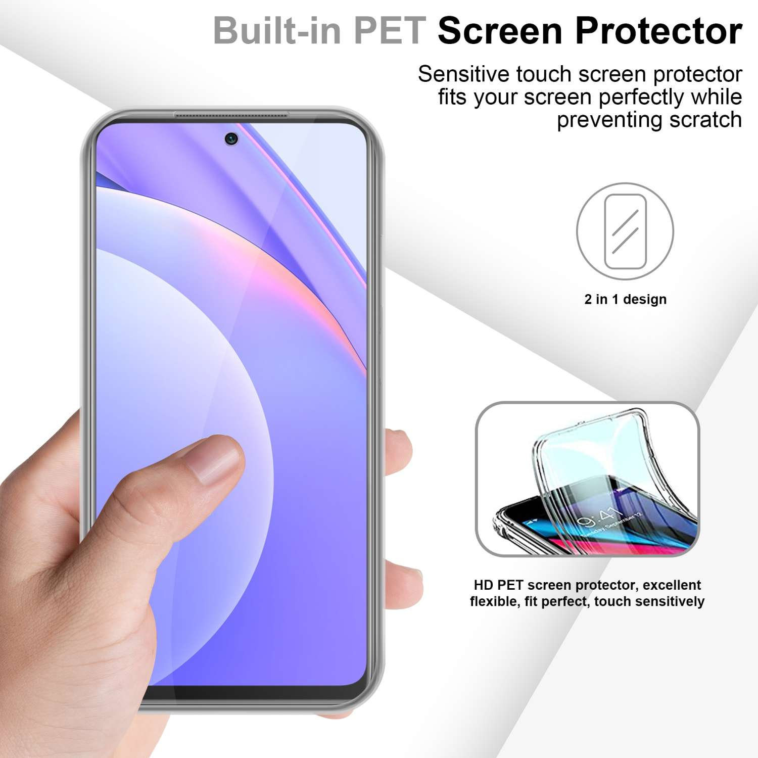 Persona che tiene in mano un telefono con protezione per lo schermo. Testo: Protezione schermo PET integrata. Protezione schermo HD PET.