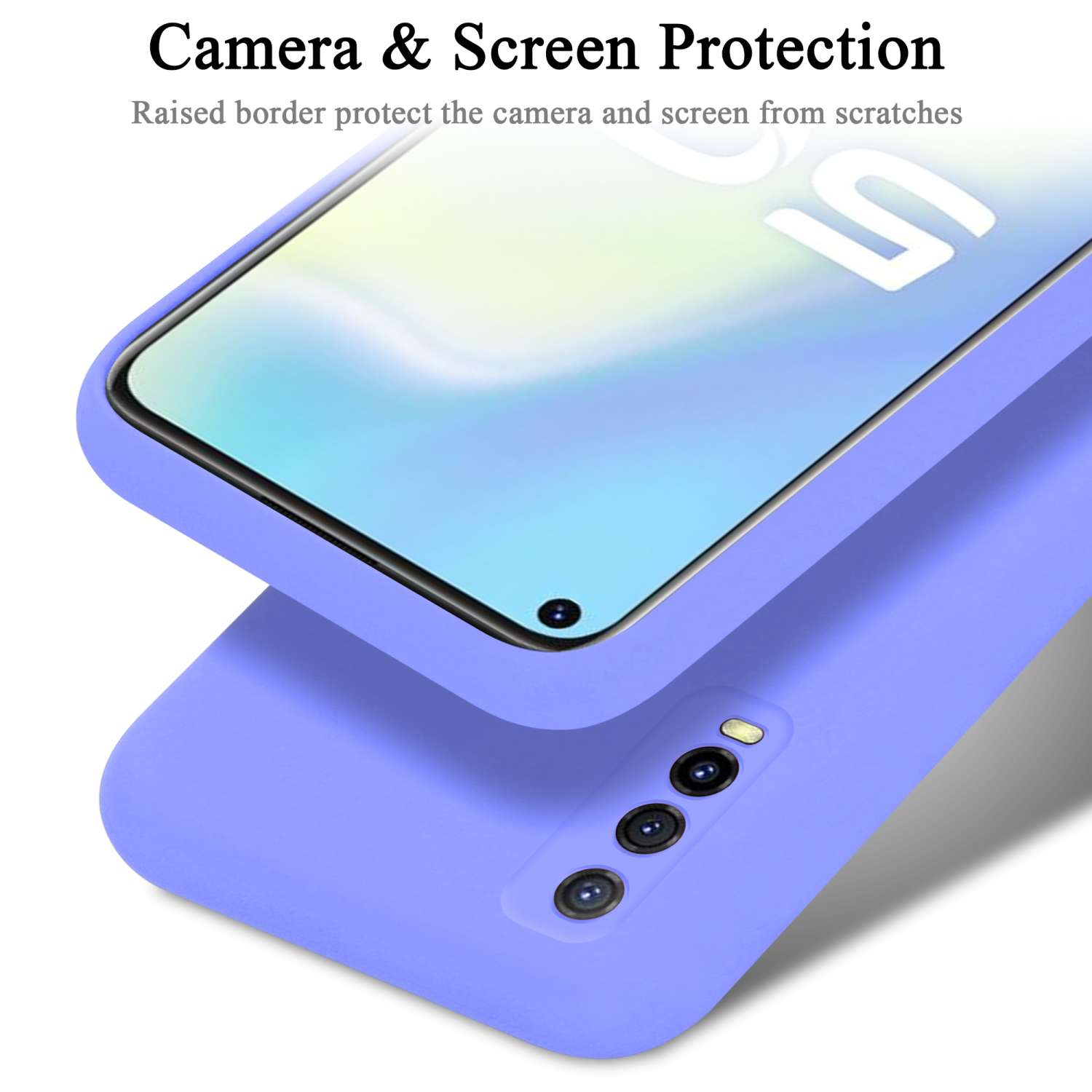 Ein Telefonbildschirm mit blauem Gehäuse, erhöhter Rand schützt Kamera und Bildschirm vor Kratzern.