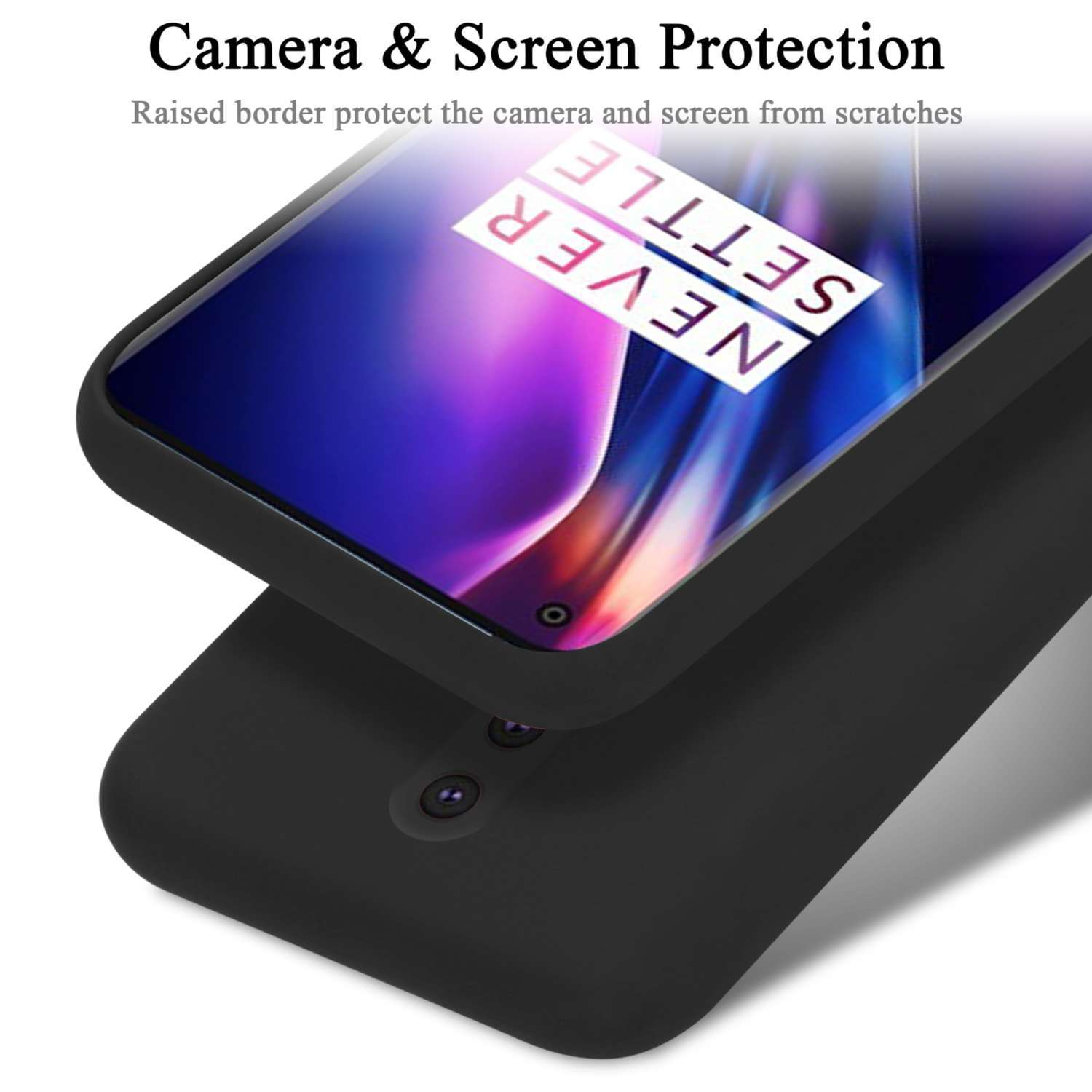 Custodia nera con bordi rialzati, che copre un telefono con display Never Settle.