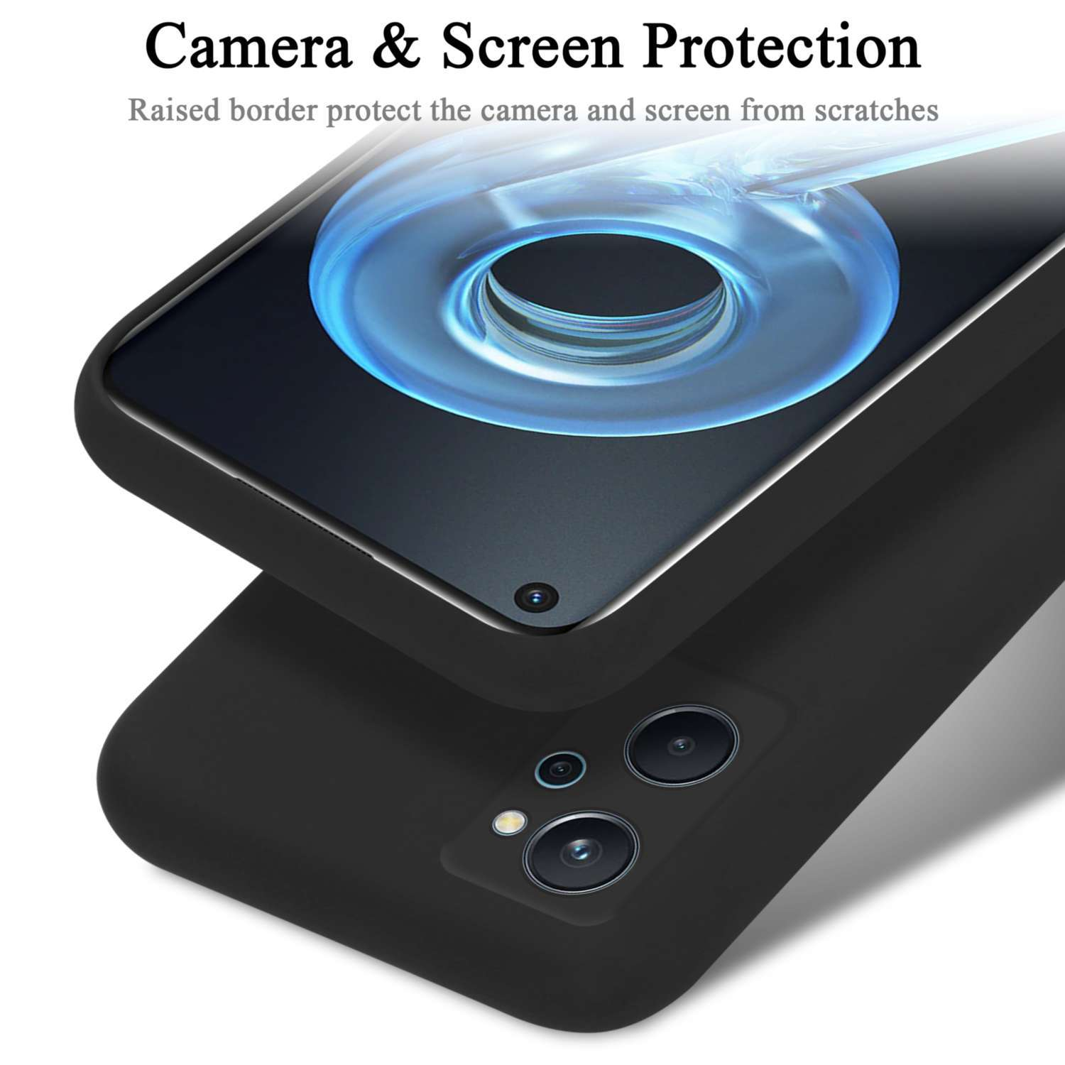 Custodia per telefono nera con protezione schermo. Un telefono è inserito nella custodia. Testo: 'Protezione Fotocamera e Schermo'.