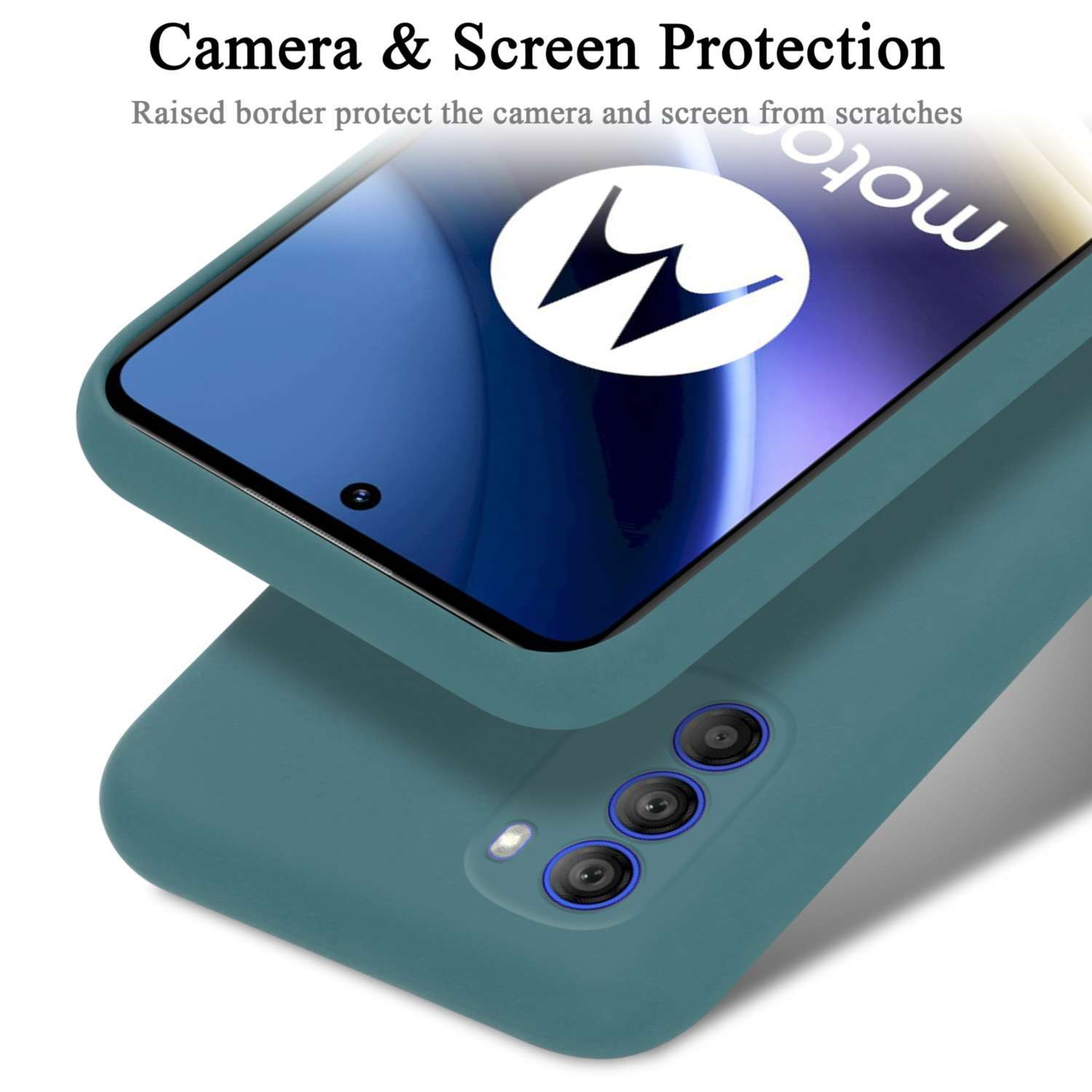 Una custodia teal copre parzialmente lo schermo di un telefono. Lo schermo mostra un logo. La custodia protegge la fotocamera.