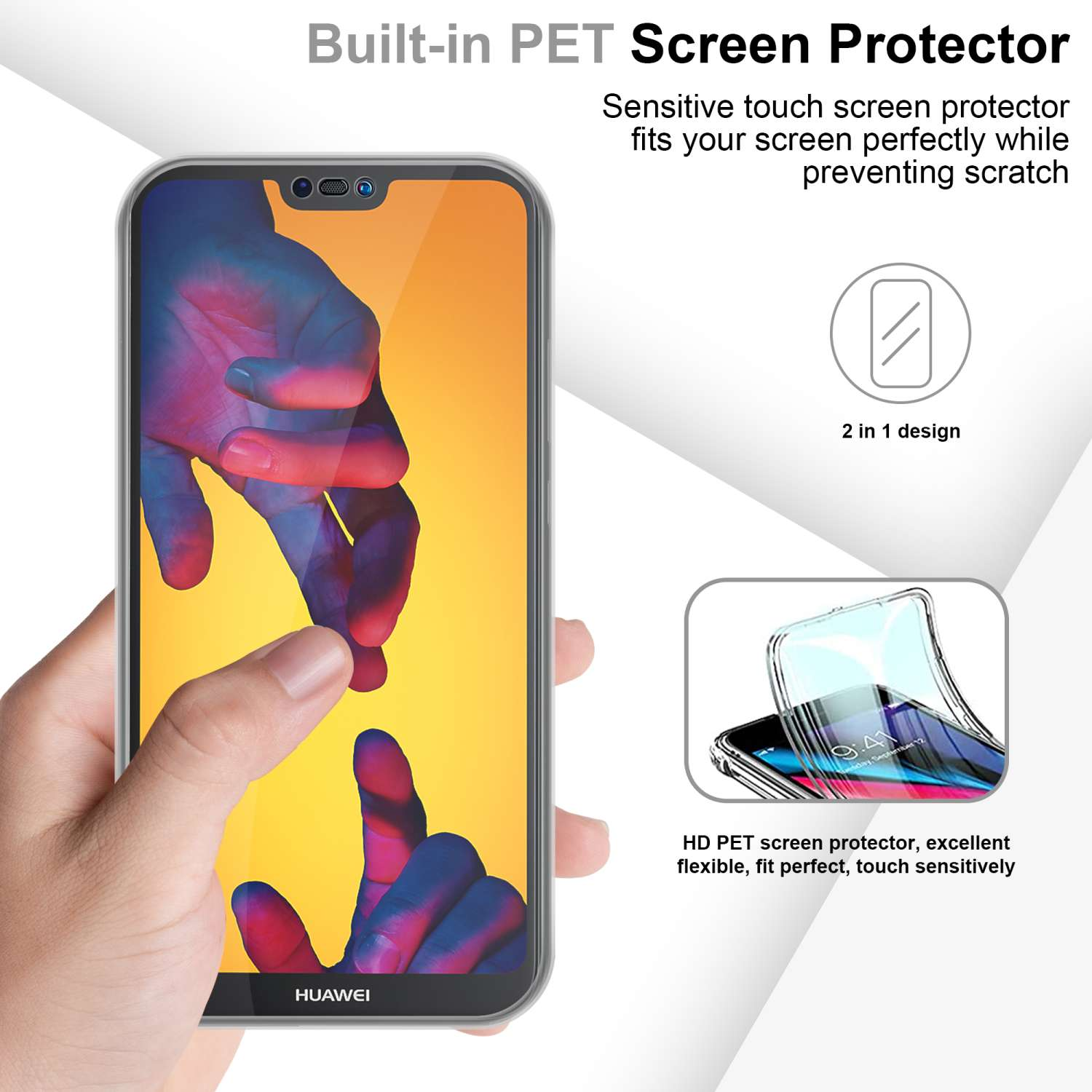 Hand hält ein Telefon mit eingebautem Displayschutz. Das Telefon zeigt ein helles Bild.