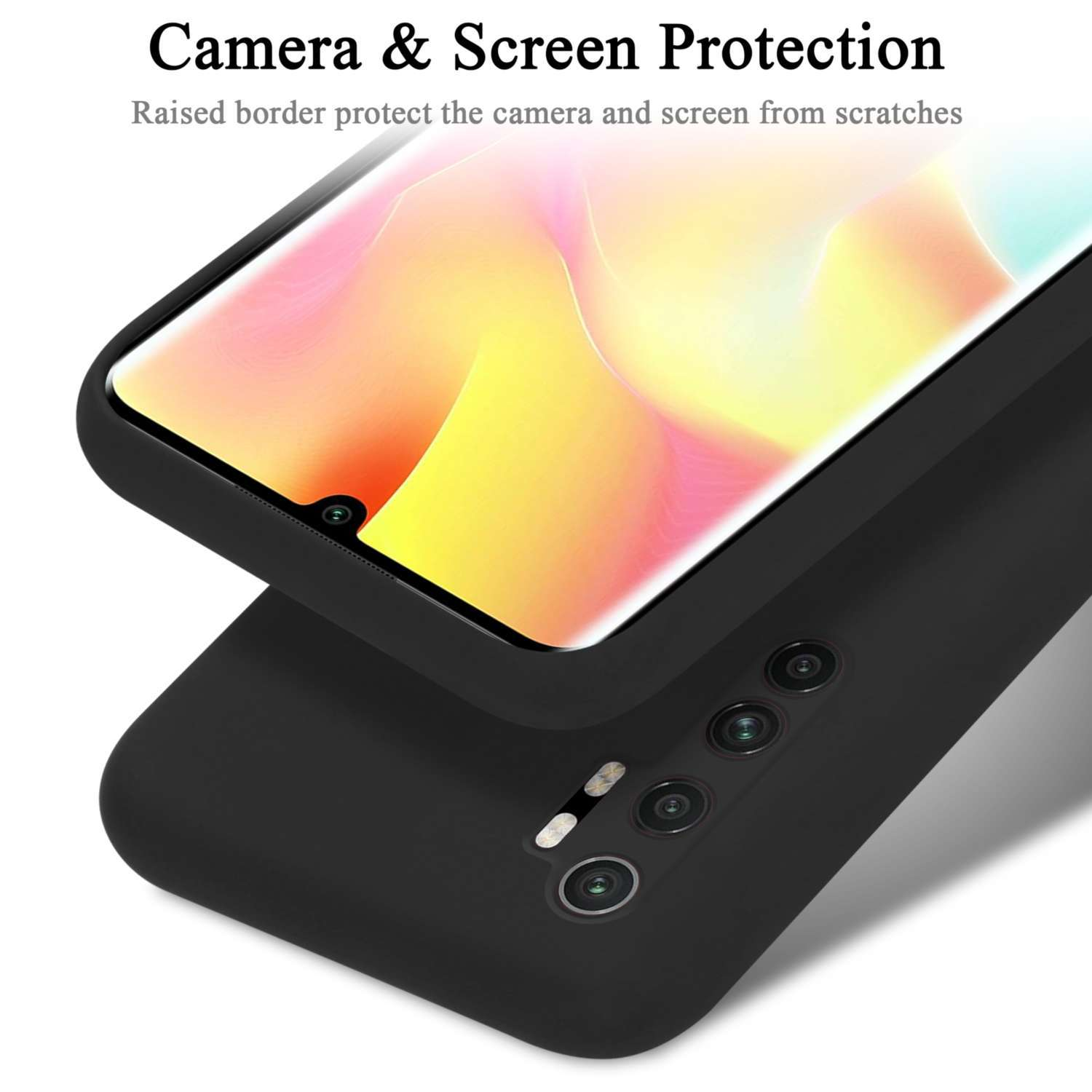 Custodia per telefono nera con protezione fotocamera. Schermo del telefono visibile.