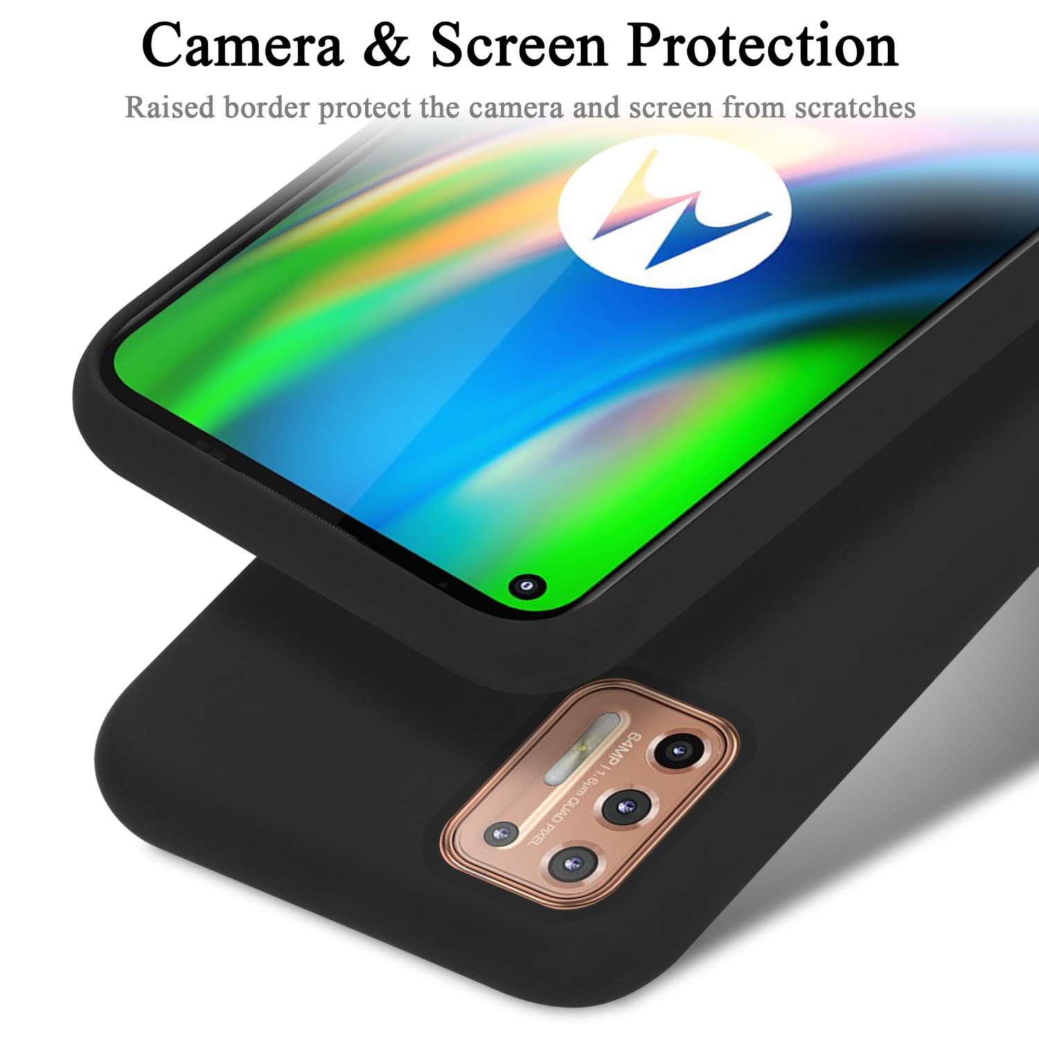 Una custodia per telefono nera con protezione per lo schermo, che protegge lo schermo e la fotocamera del telefono.