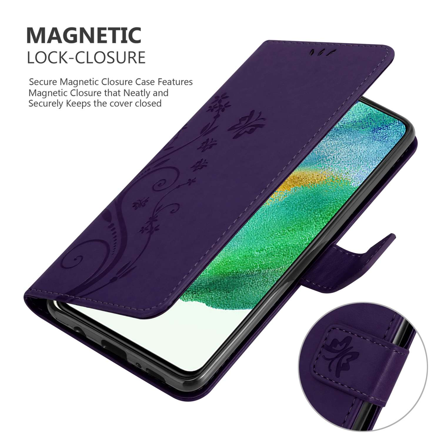 Custodia per telefono viola con design floreale aperta, che rivela un telefono. Chiusura magnetica. Sfondo bianco.