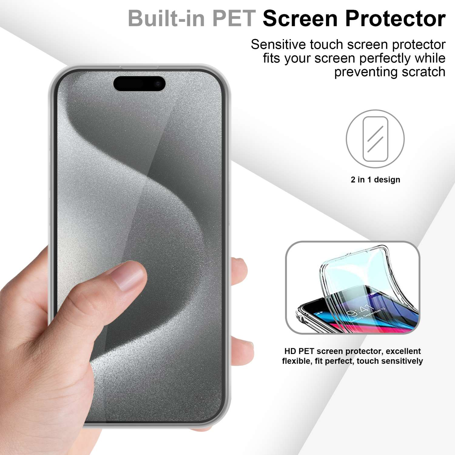 Person hält ein Telefon mit Displayschutzfolie. Text: Integrierter PET-Bildschirmschutz. 2-in-1-Design wird gezeigt.