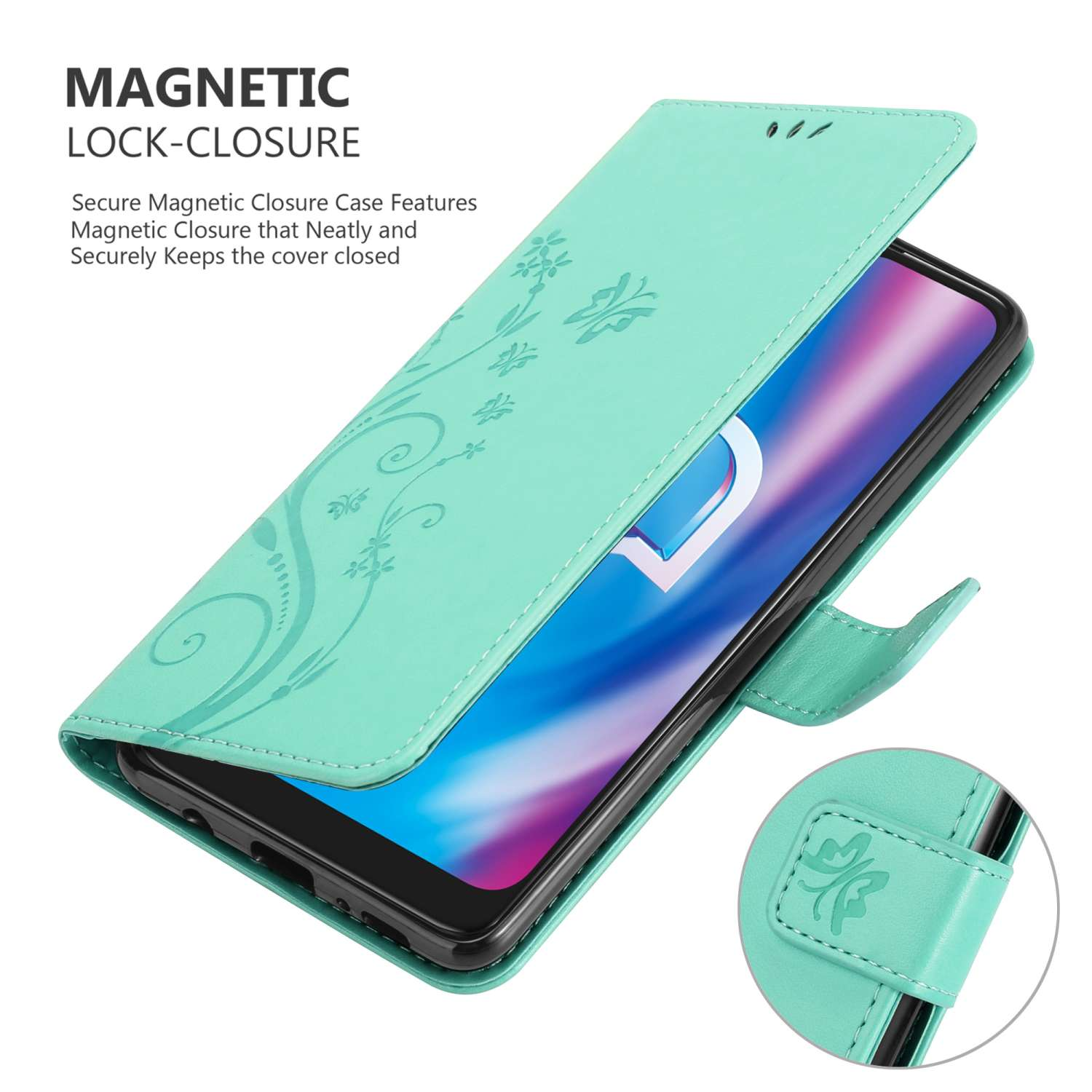 Custodia per telefono color verde acqua. La cover è aperta, rivelando il telefono. Testo: Chiusura magnetica, design floreale.