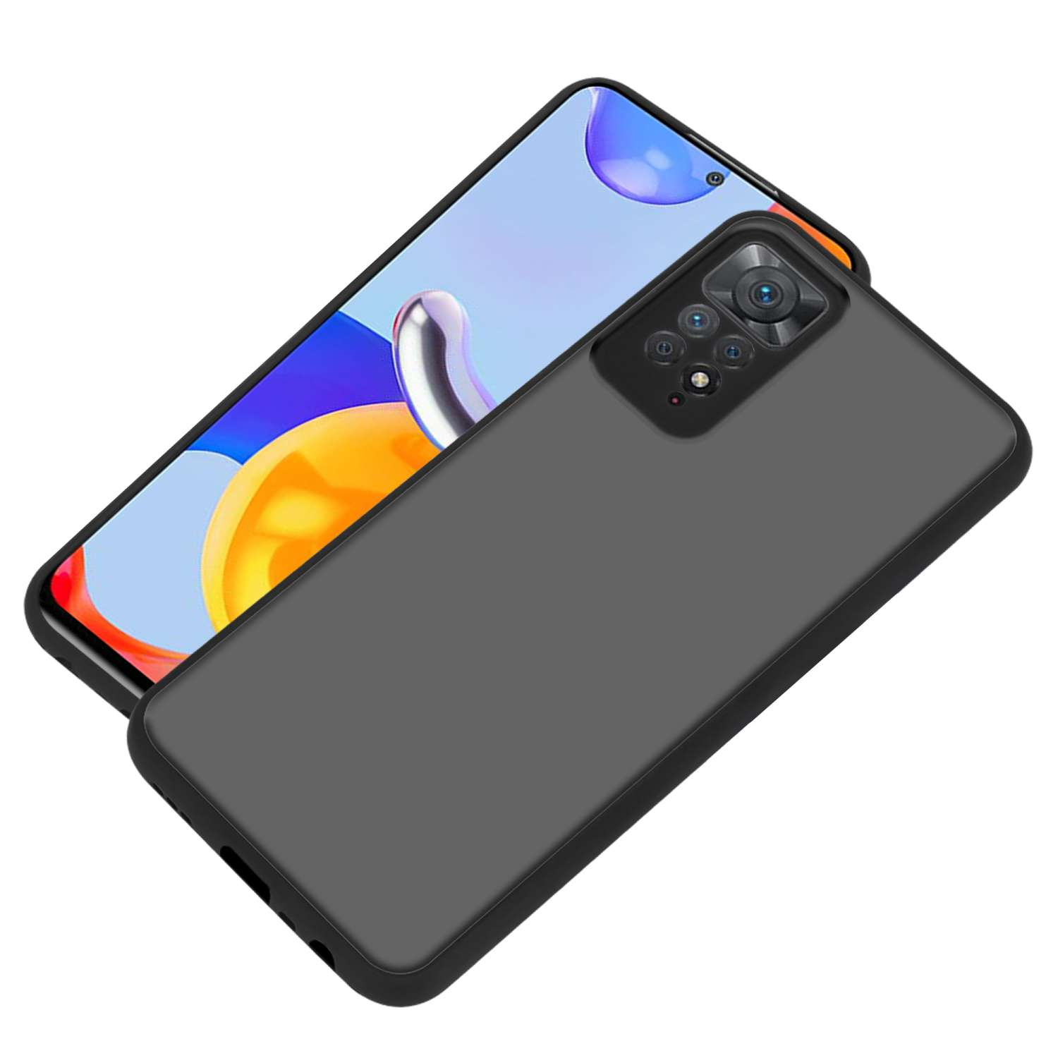 Una funda de teléfono gris oscuro y un teléfono. El teléfono tiene una pantalla con un degradado azul y naranja.