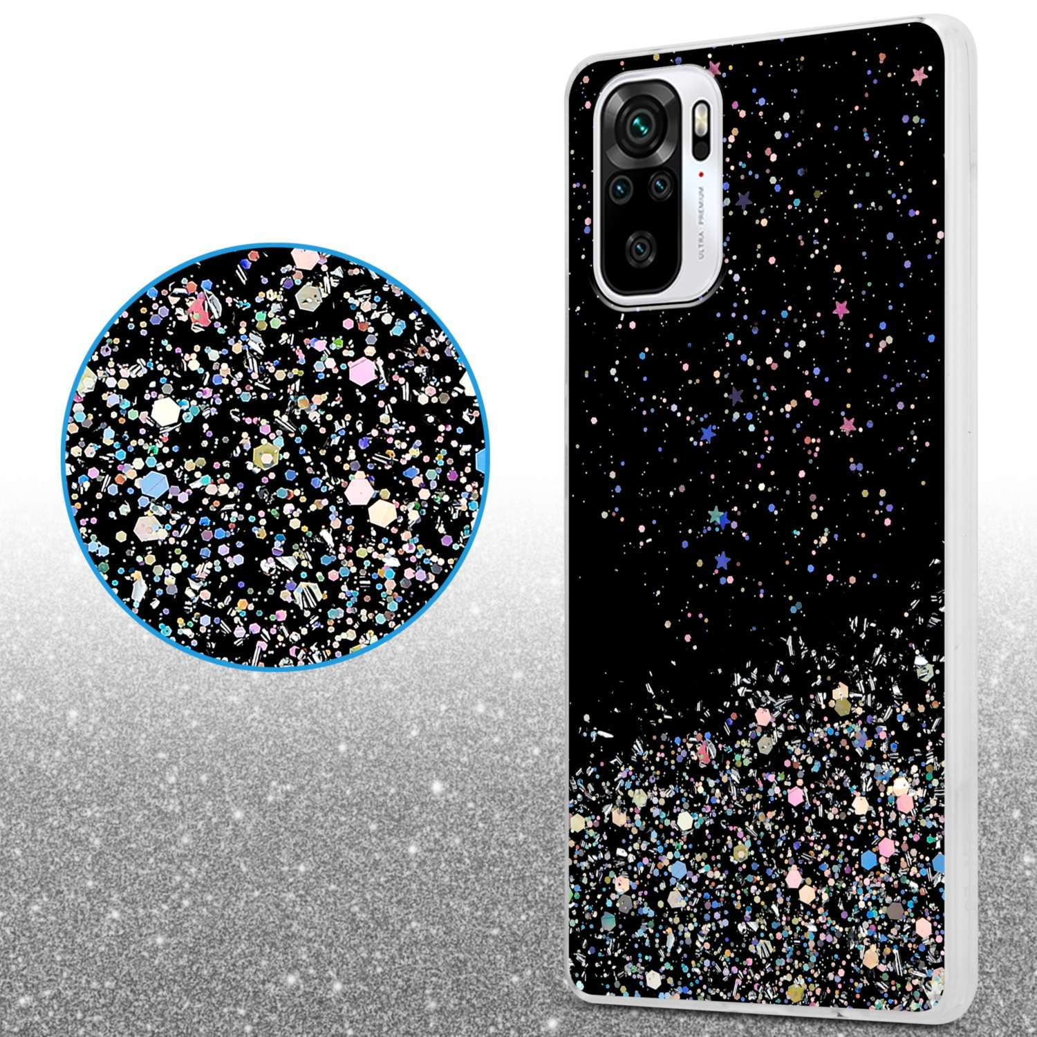 Una custodia per telefono con un design nero glitterato e un primo piano dei brillantini. Il telefono ha una fotocamera.