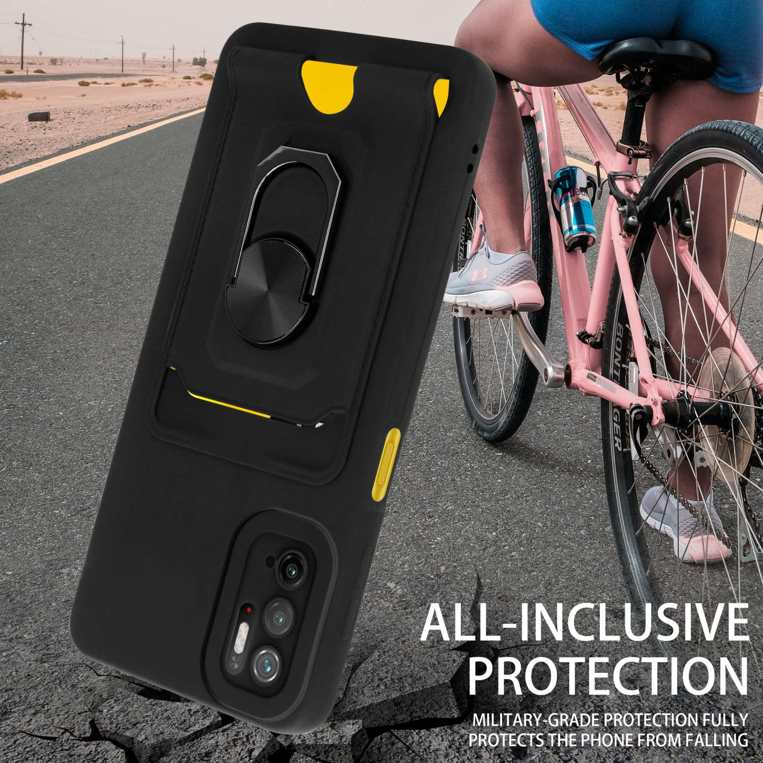 Custodia nera per telefono a terra, con un ciclista su una bici rosa sullo sfondo.