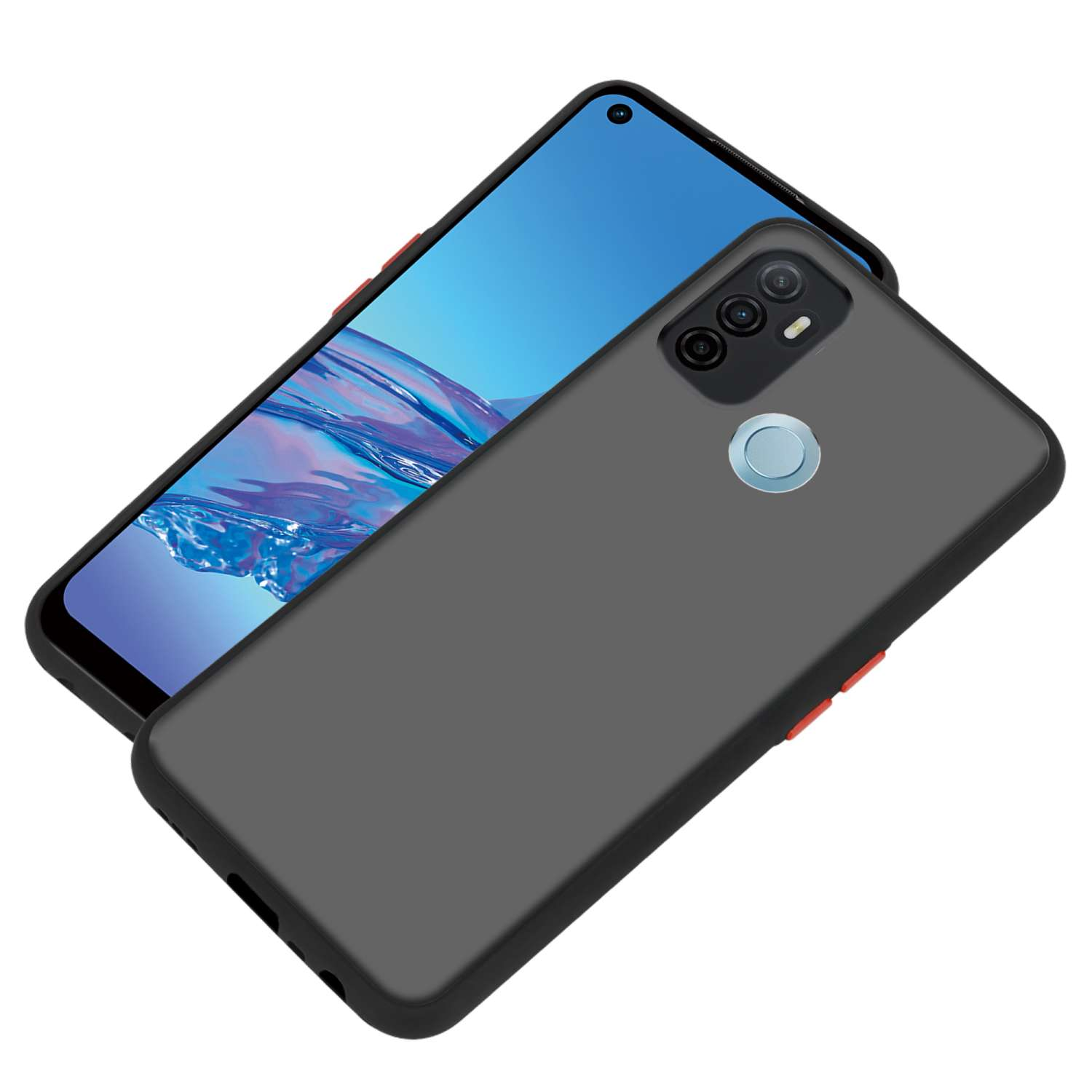 Due telefoni, una custodia nera e il telefono dietro, che mostra uno schermo blu.