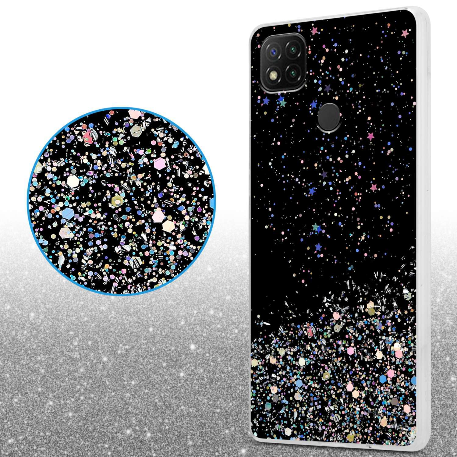 Custodia per telefono nera con design glitterato. Primo piano dei glitter.