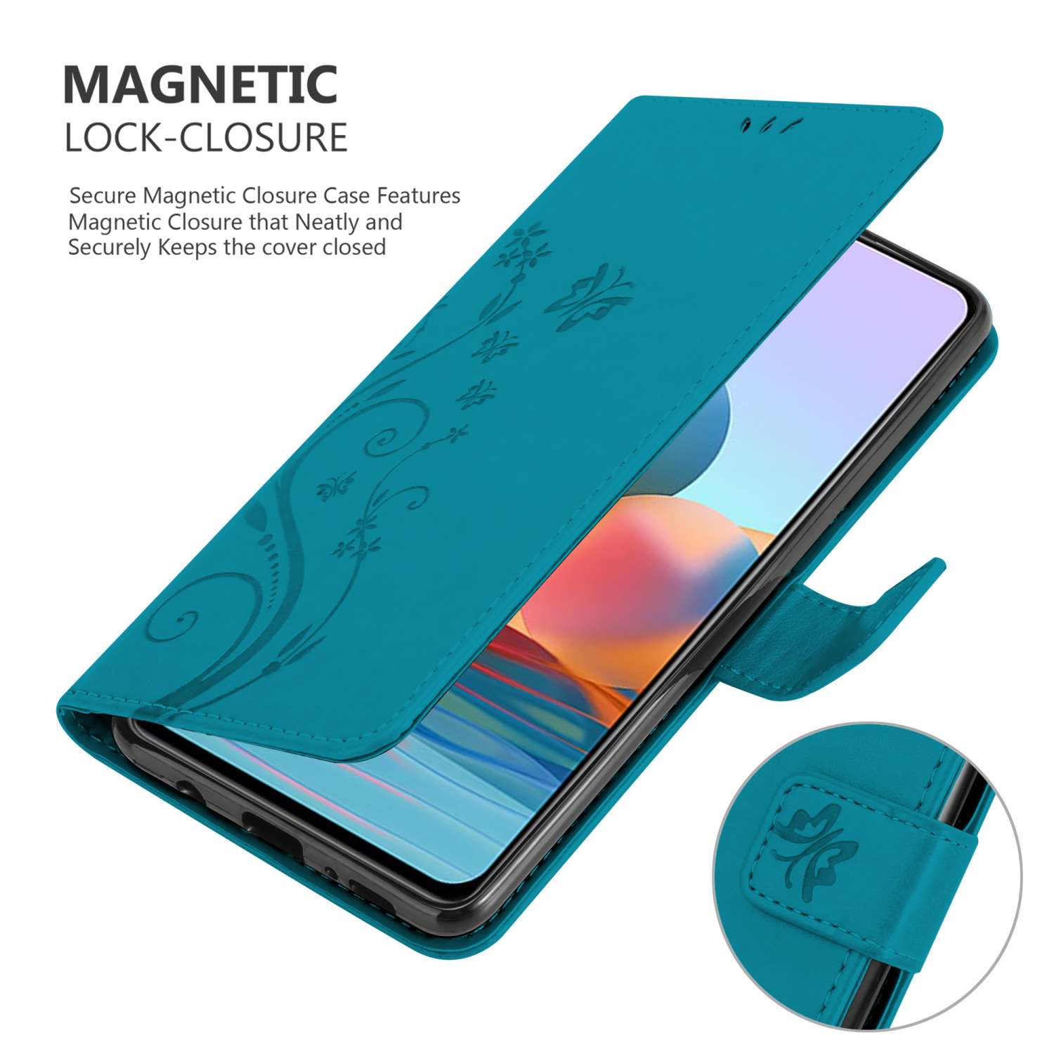 Una custodia per telefono turchese aperta, che mostra un telefono all'interno. La custodia ha un design floreale e chiusura magnetica.