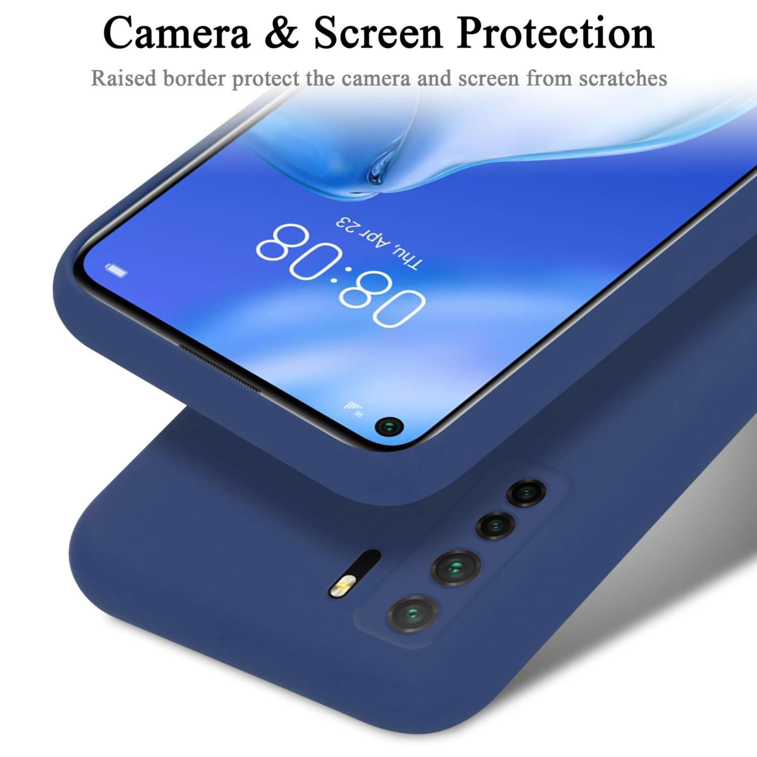 Uno schermo del telefono con una custodia blu scuro. Il bordo rialzato protegge la fotocamera e lo schermo dai graffi.