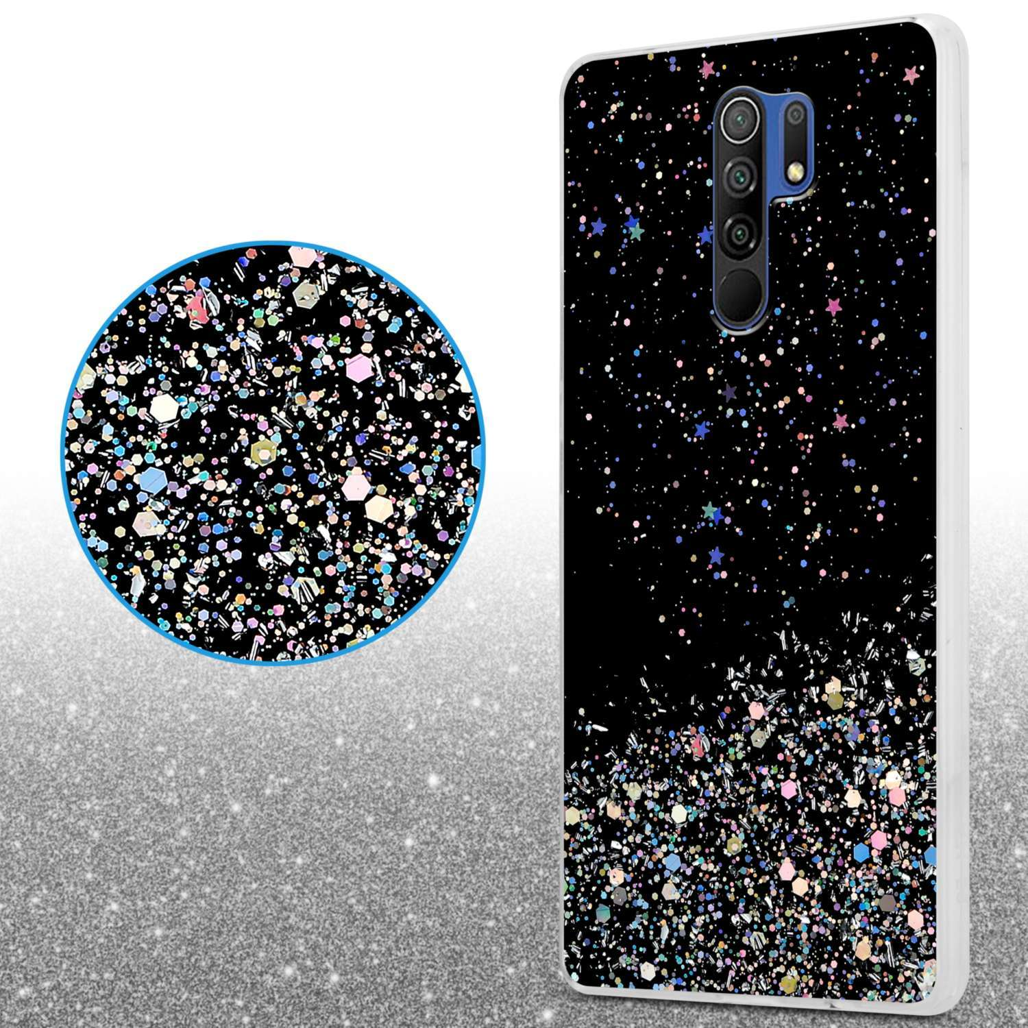 Custodia per telefono nera con glitter e stelle. Effetto glitter sul retro del telefono.