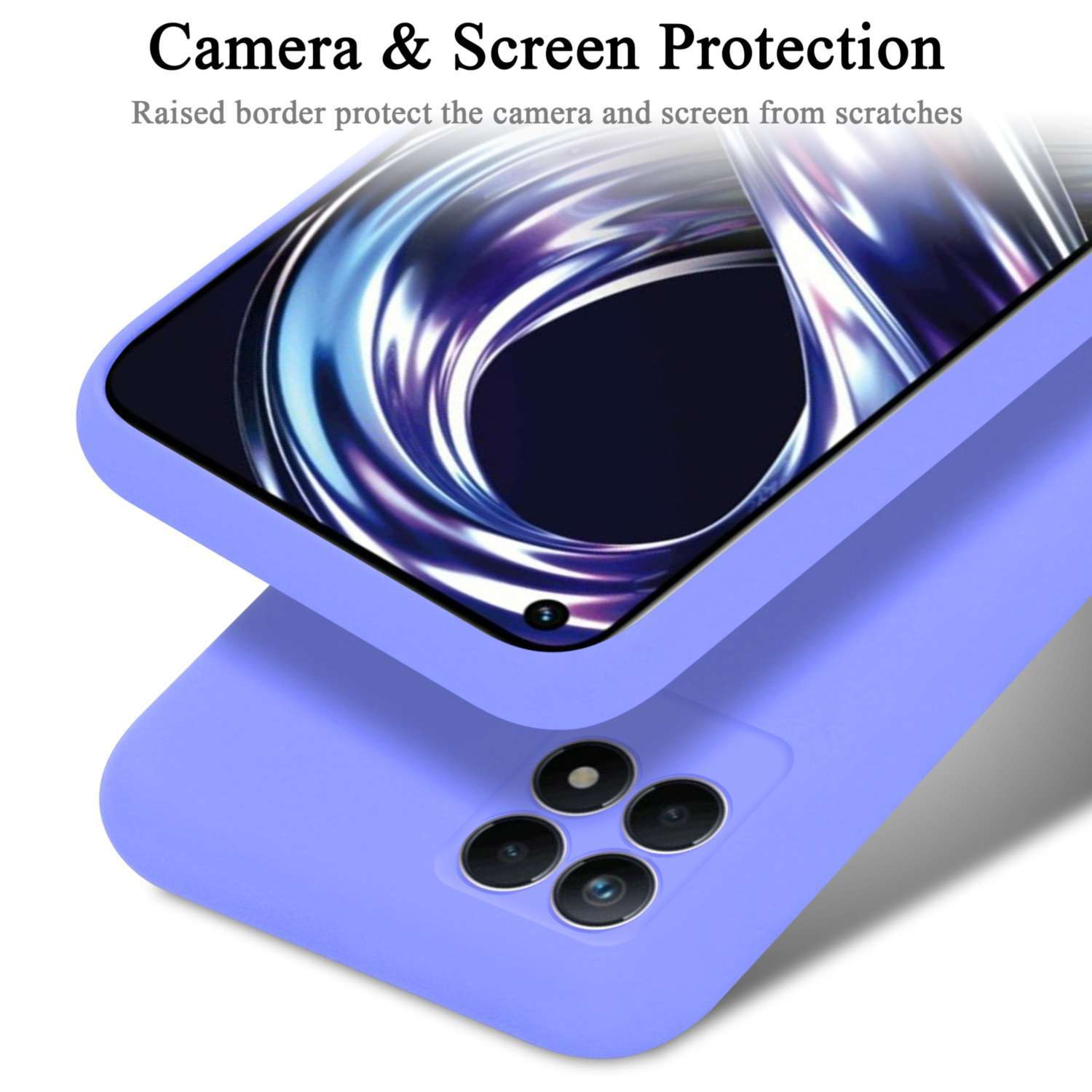 Custodia viola con bordo rialzato che mostra fotocamera e schermo, testo: Camera & Screen Protection.