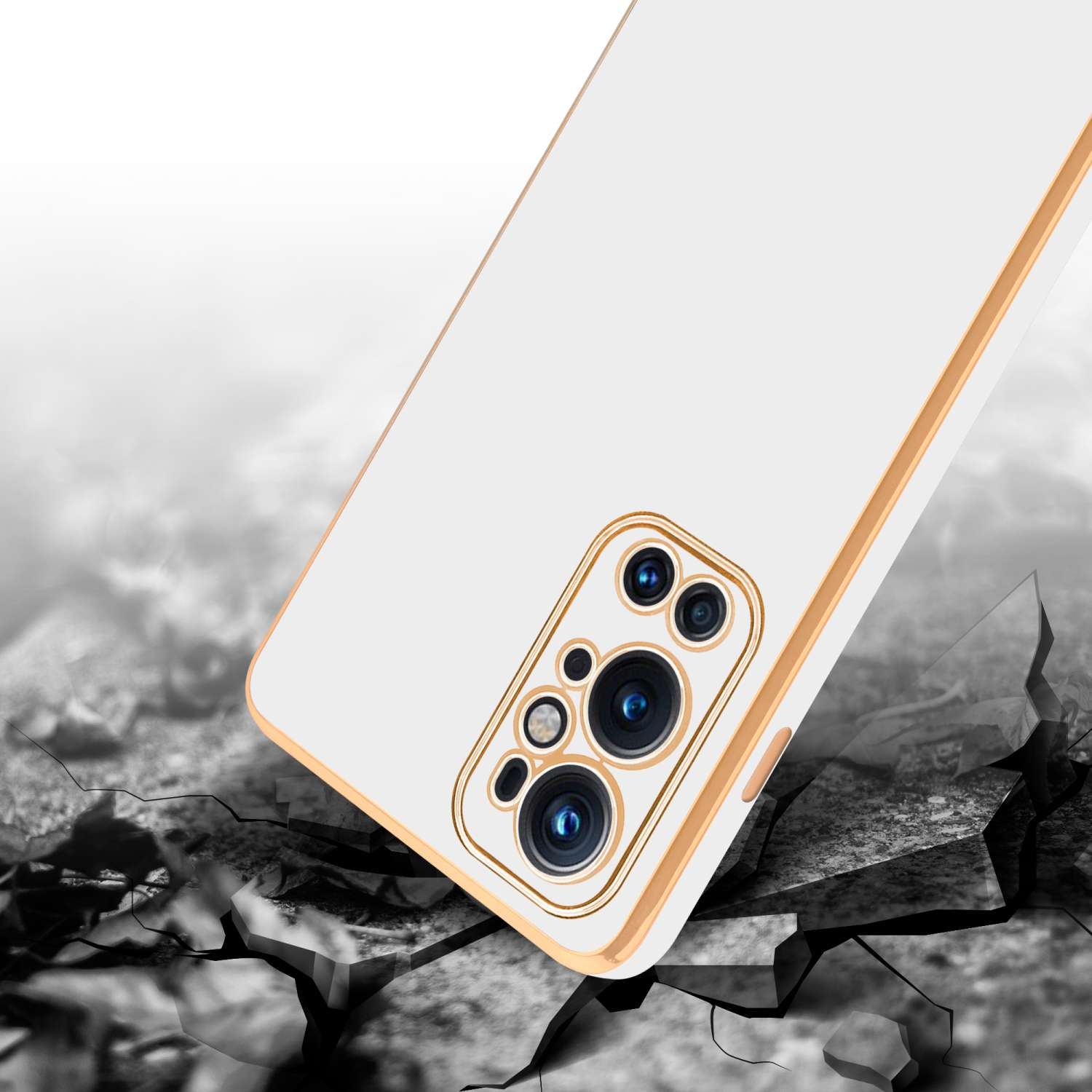 Custodia per telefono bianca e oro con fotocamera e danni da impatto.