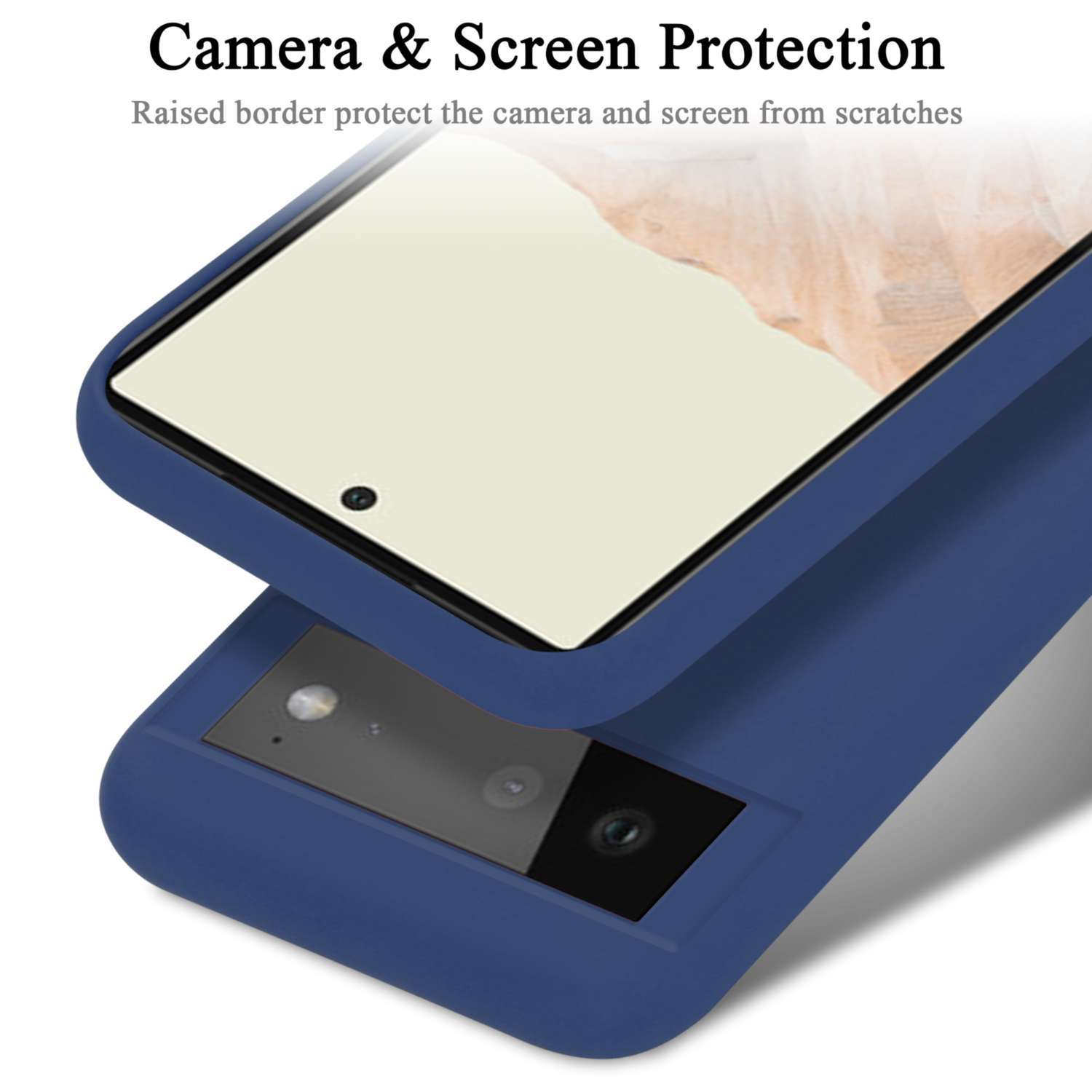 Una custodia per telefono blu navy con un telefono nero all'interno. La custodia protegge il telefono.