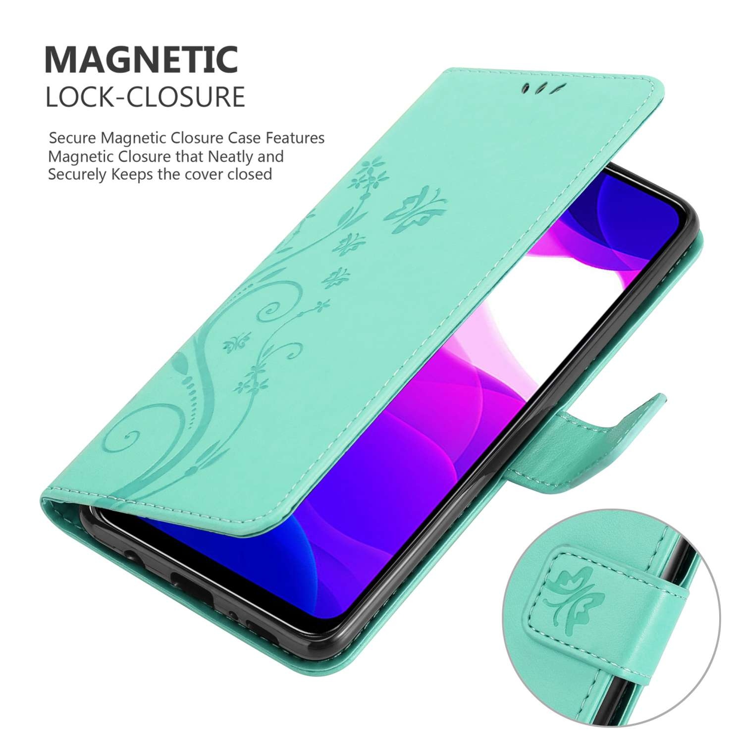 Una custodia per telefono verde acqua è mostrata aperta, mostrando un design floreale e una chiusura magnetica.