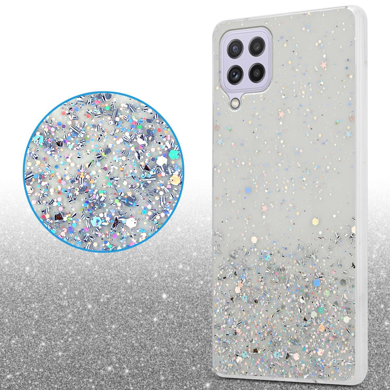 Custodia per telefono con un design glitterato lucido e un dettaglio circolare.