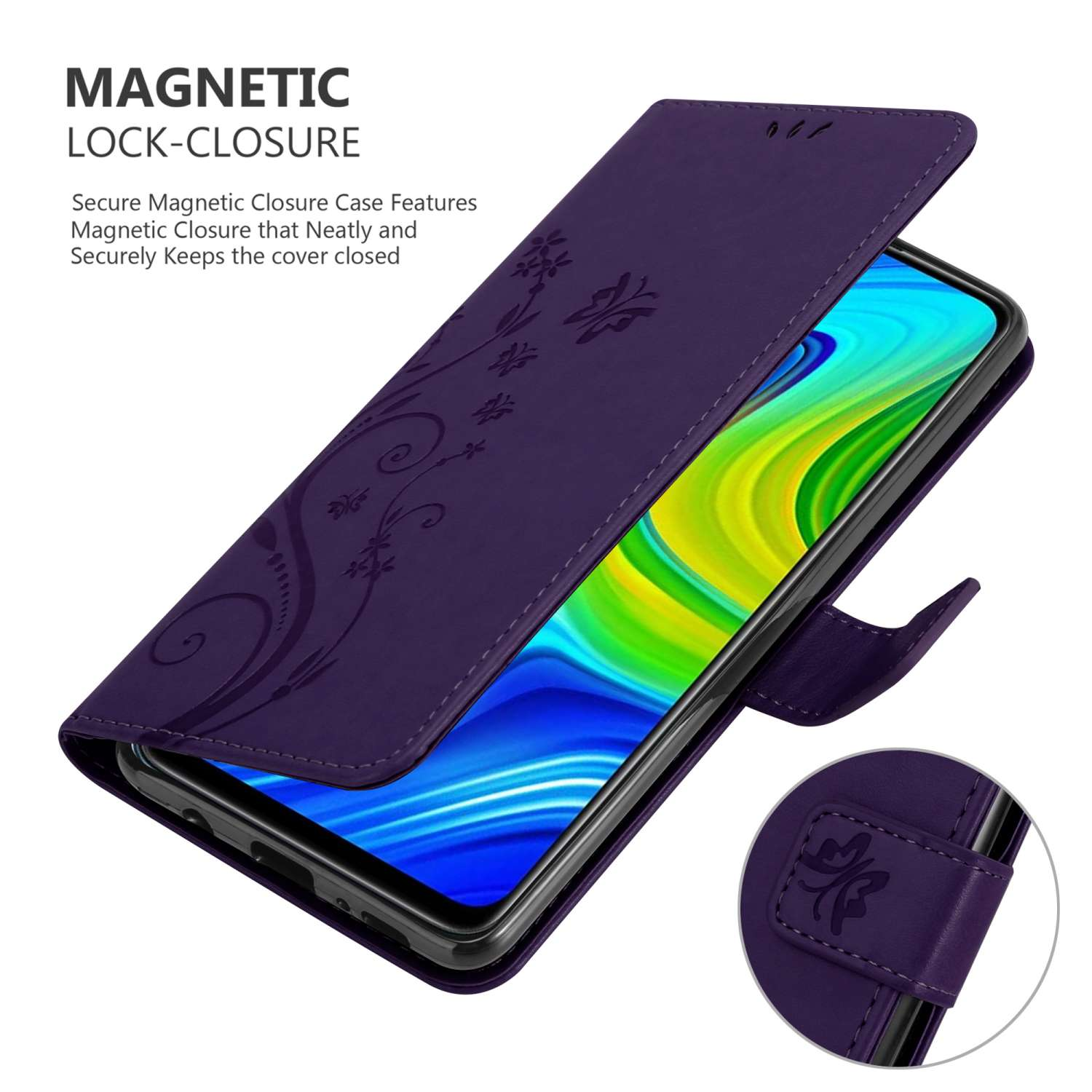 Una custodia per telefono viola con coperchio aperto, che mostra un telefono. La custodia ha motivi floreali.