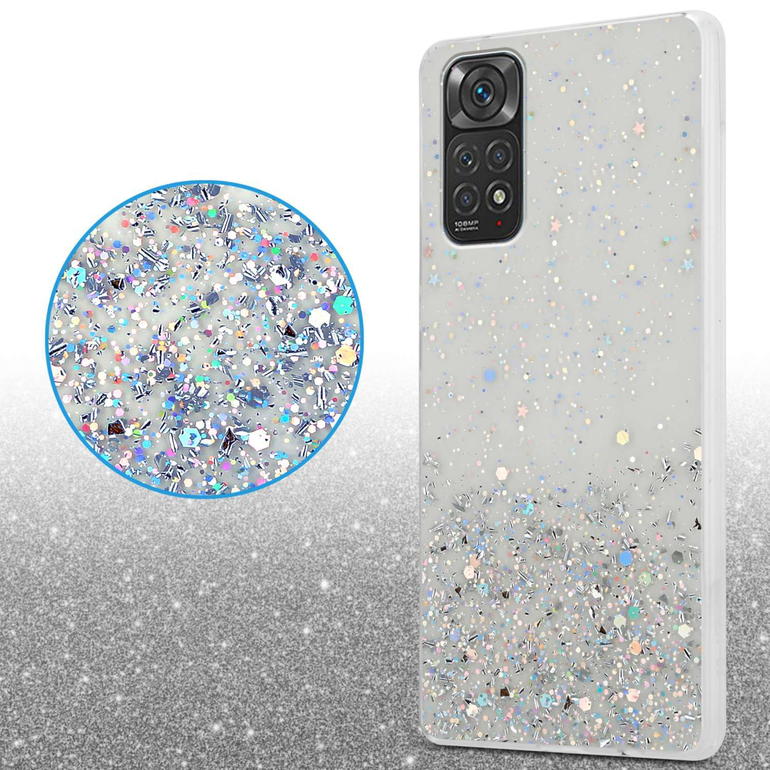 Custodia per telefono con glitter. Primo piano sui dettagli glitterati. Brillante, scintillante.
