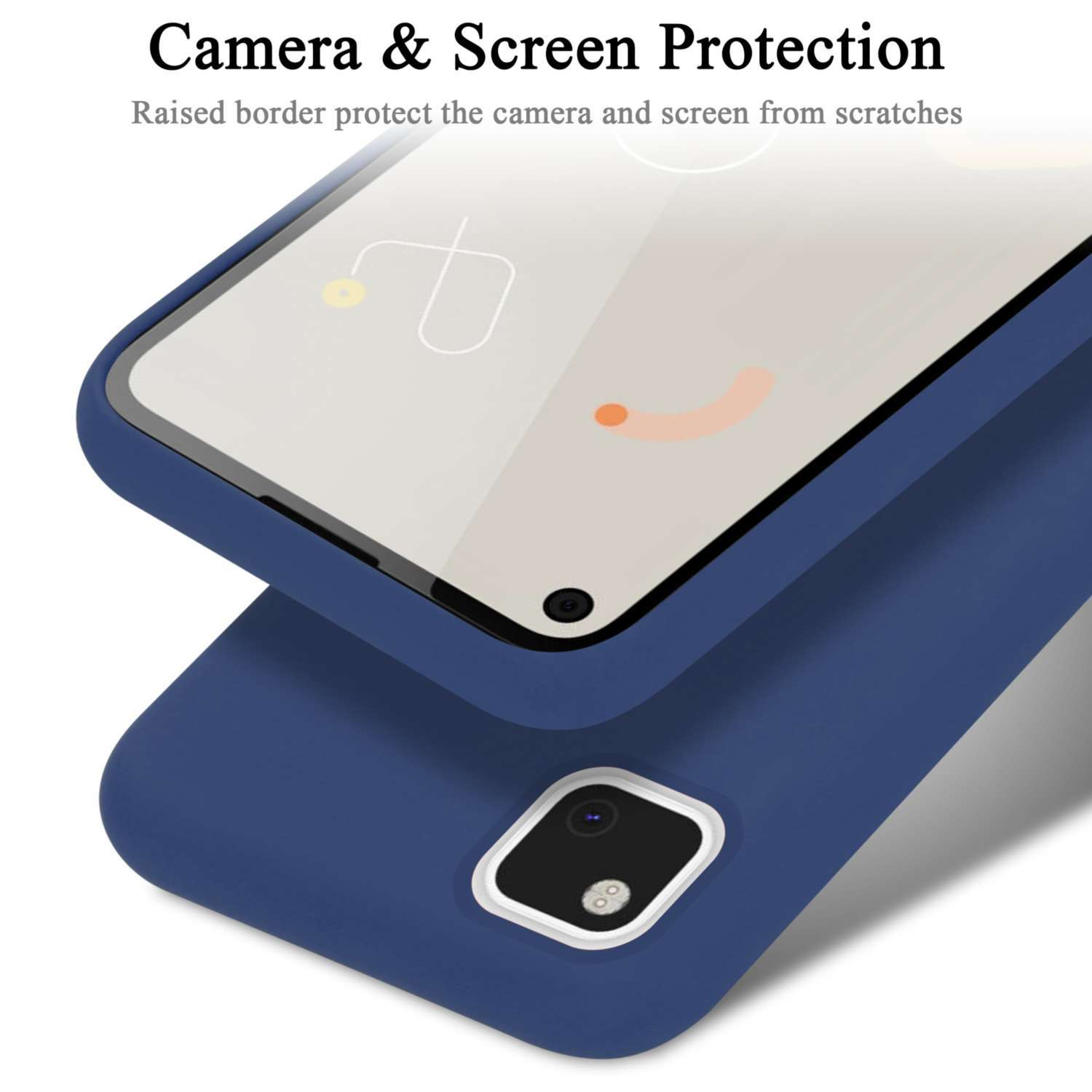 Custodia blu per telefono con protezione fotocamera. La custodia è sopra un'altra custodia.