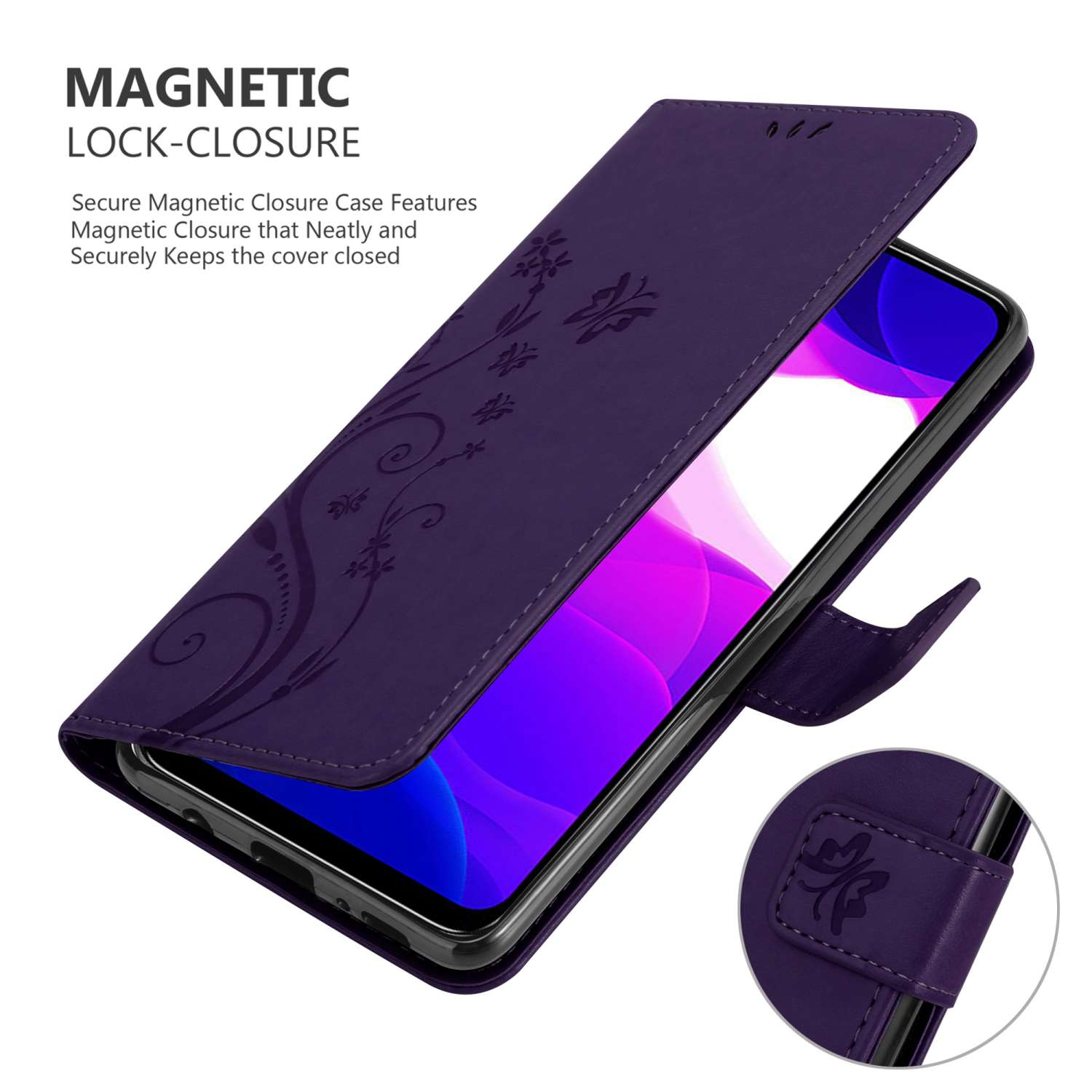 Custodia per telefono viola con design floreale e chiusura magnetica. Il telefono è all'interno.
