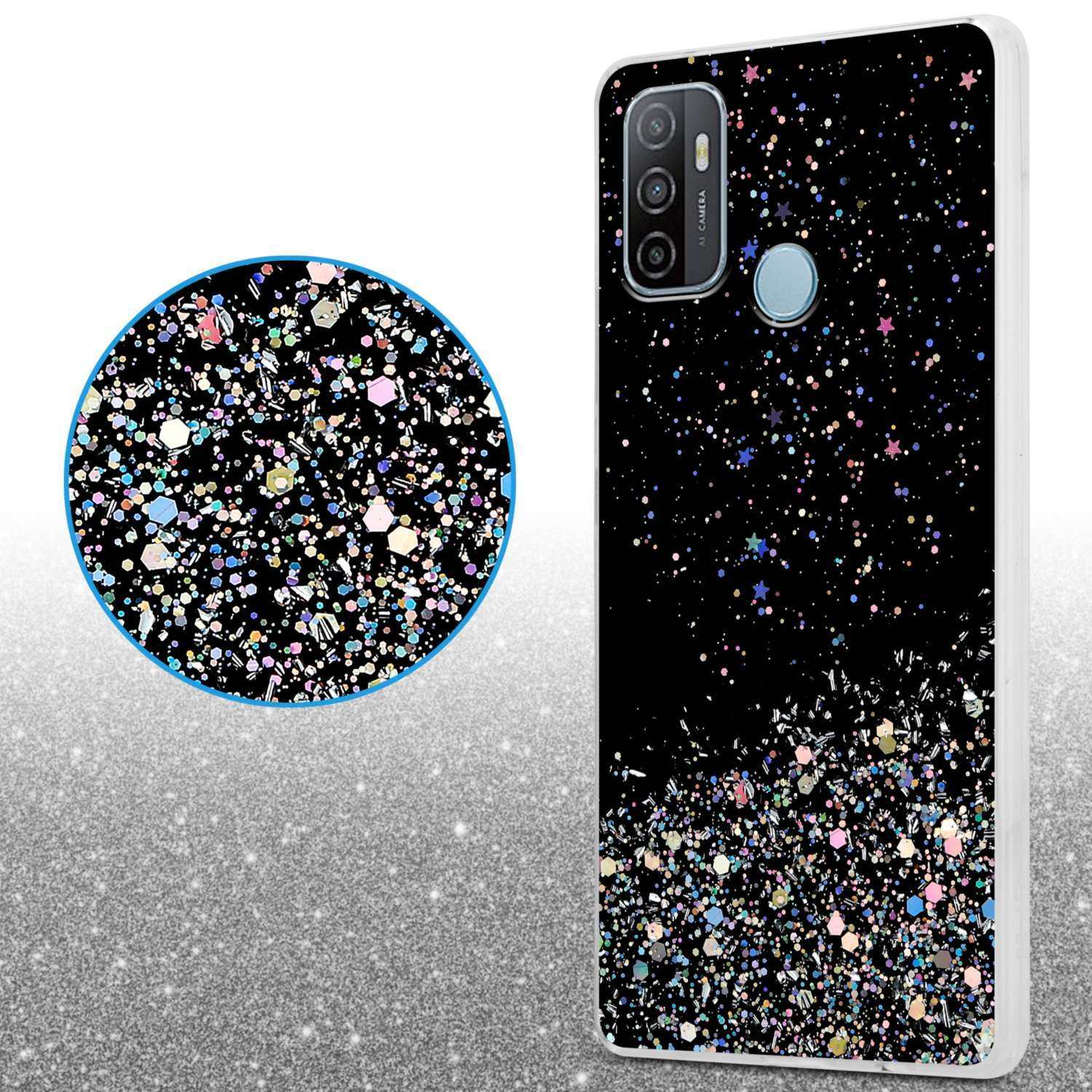 Una custodia per telefono con sfondo nero coperto di glitter colorati e un cerchio di glitter ingrandito.