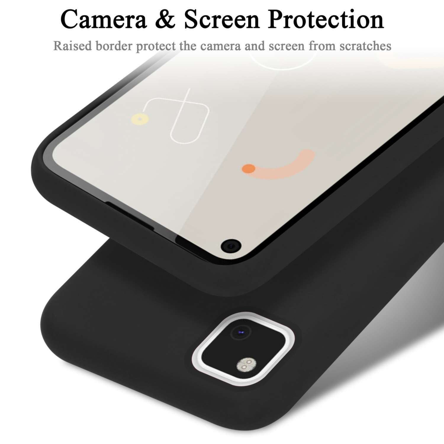 Custodia per telefono nera con un telefono all'interno. Il telefono ha una protuberanza della fotocamera.
