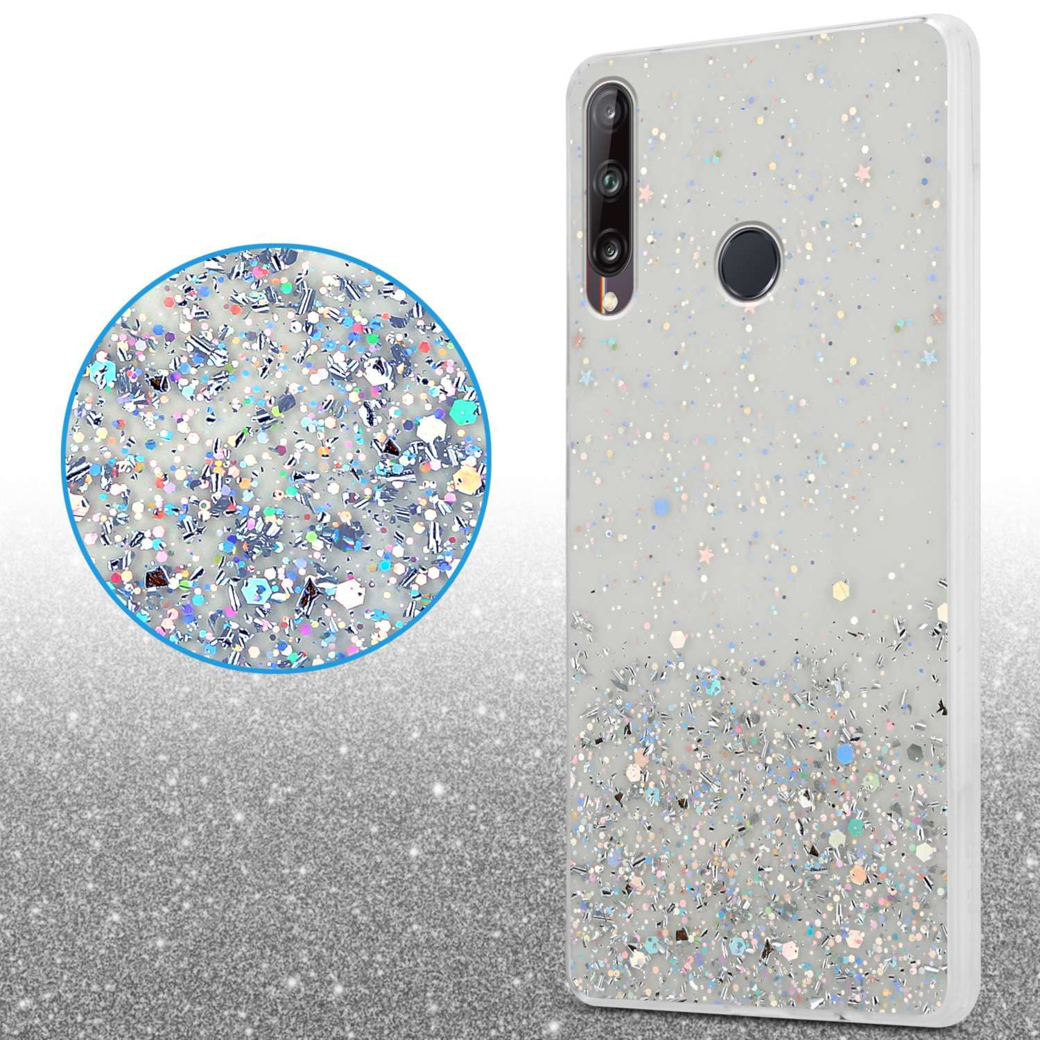 Glitzer-Handyhülle mit Kreisdetail und teilweise sichtbarem Telefon. Glitzernder, weißer Hintergrund, Nahaufnahme.