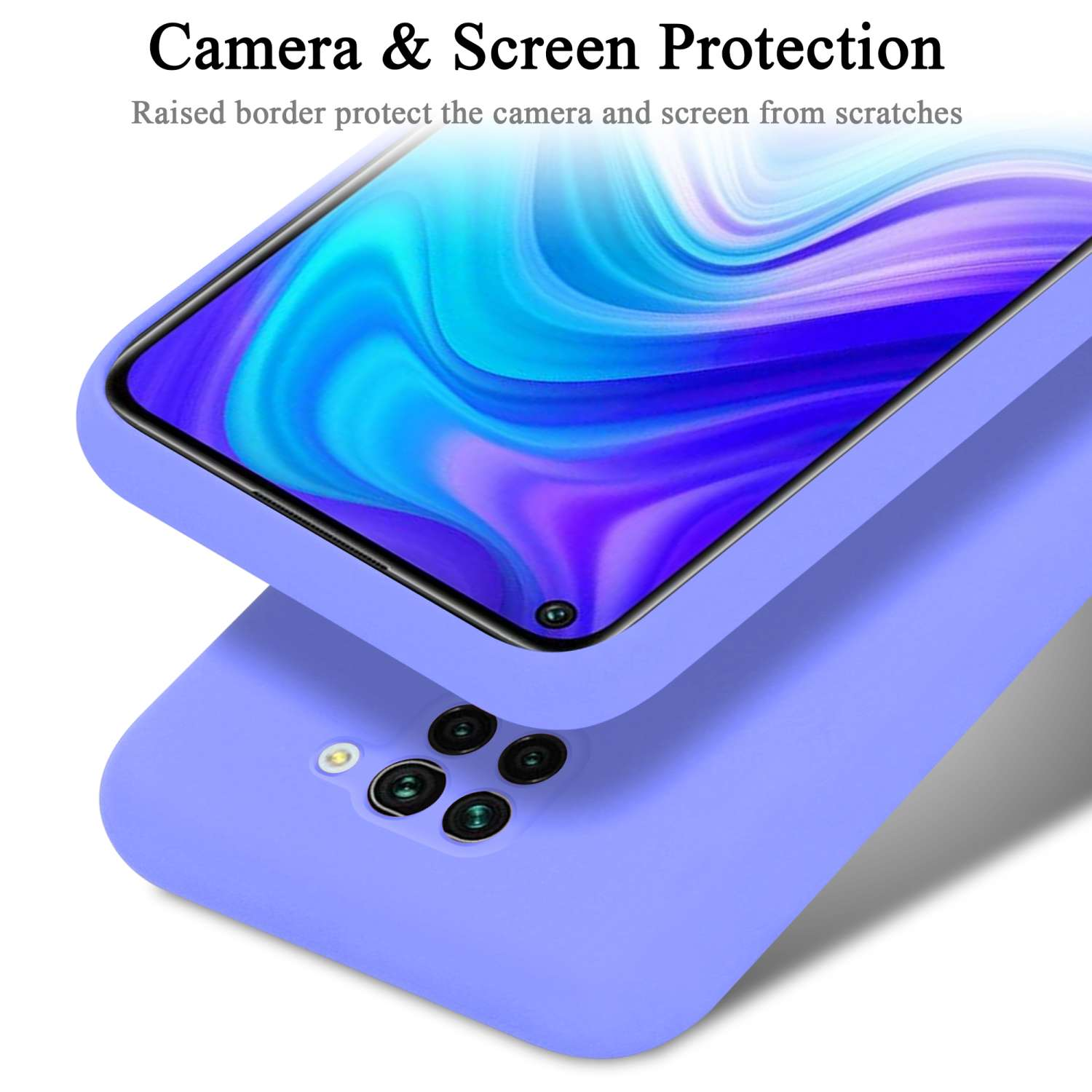 Lavendelfarbene Handyhülle mit Telefon. Die Hülle schützt die Kamera.