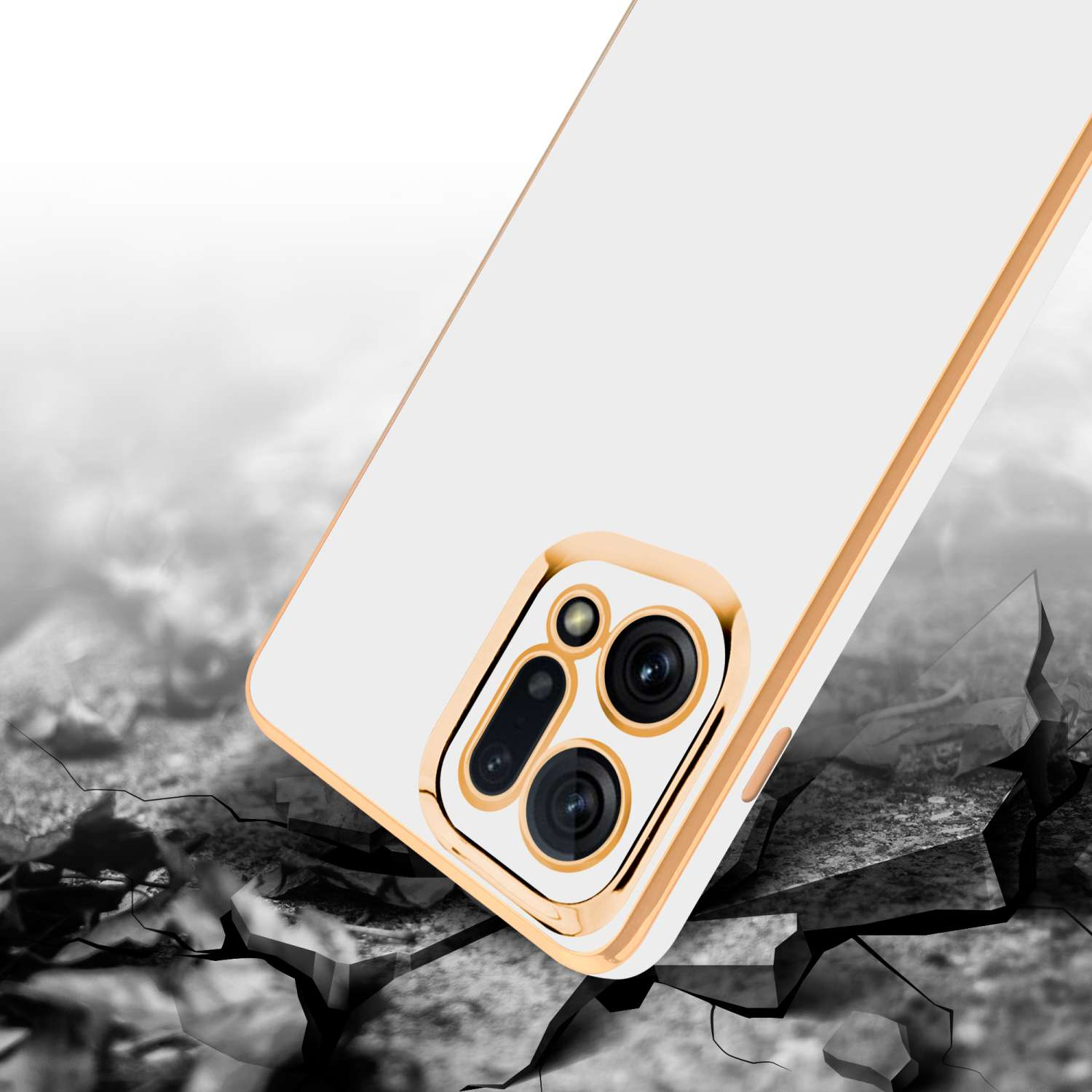 Una custodia per telefono su una superficie incrinata. È bianca con una cornice dorata attorno all'area della fotocamera.