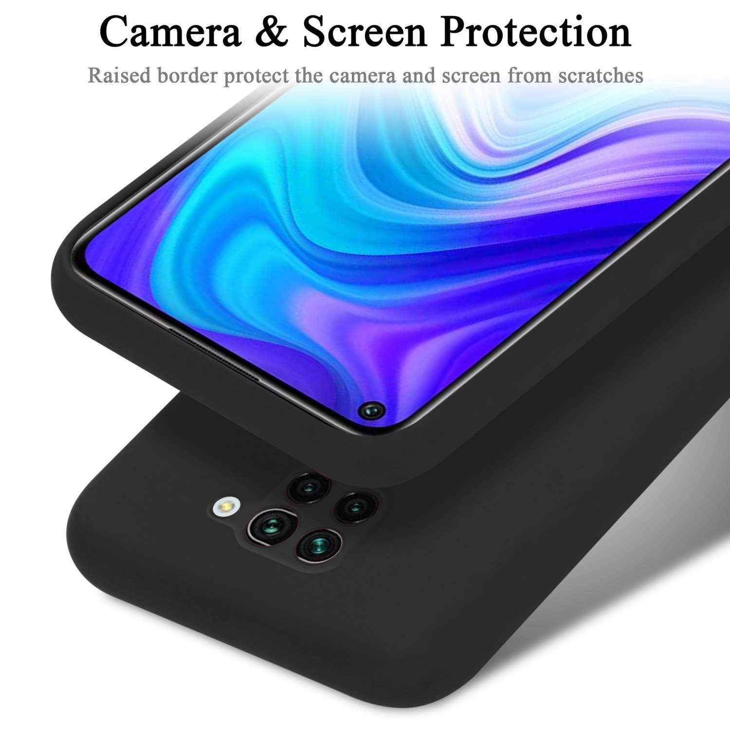 Una custodia per telefono nera protegge un telefono. La custodia ha un bordo rialzato.